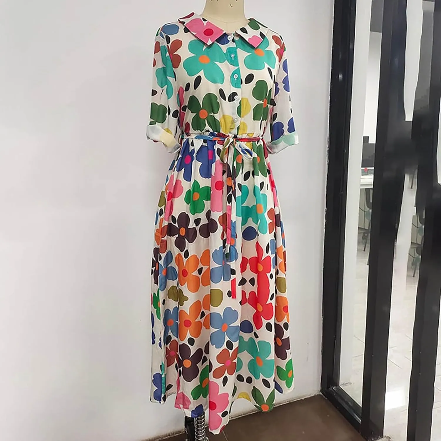 Summer Dresses for Women 2024 Boho Floral Lapel Neck Button Casual A-Line Lace-Up Dress Easter Dress Maternity