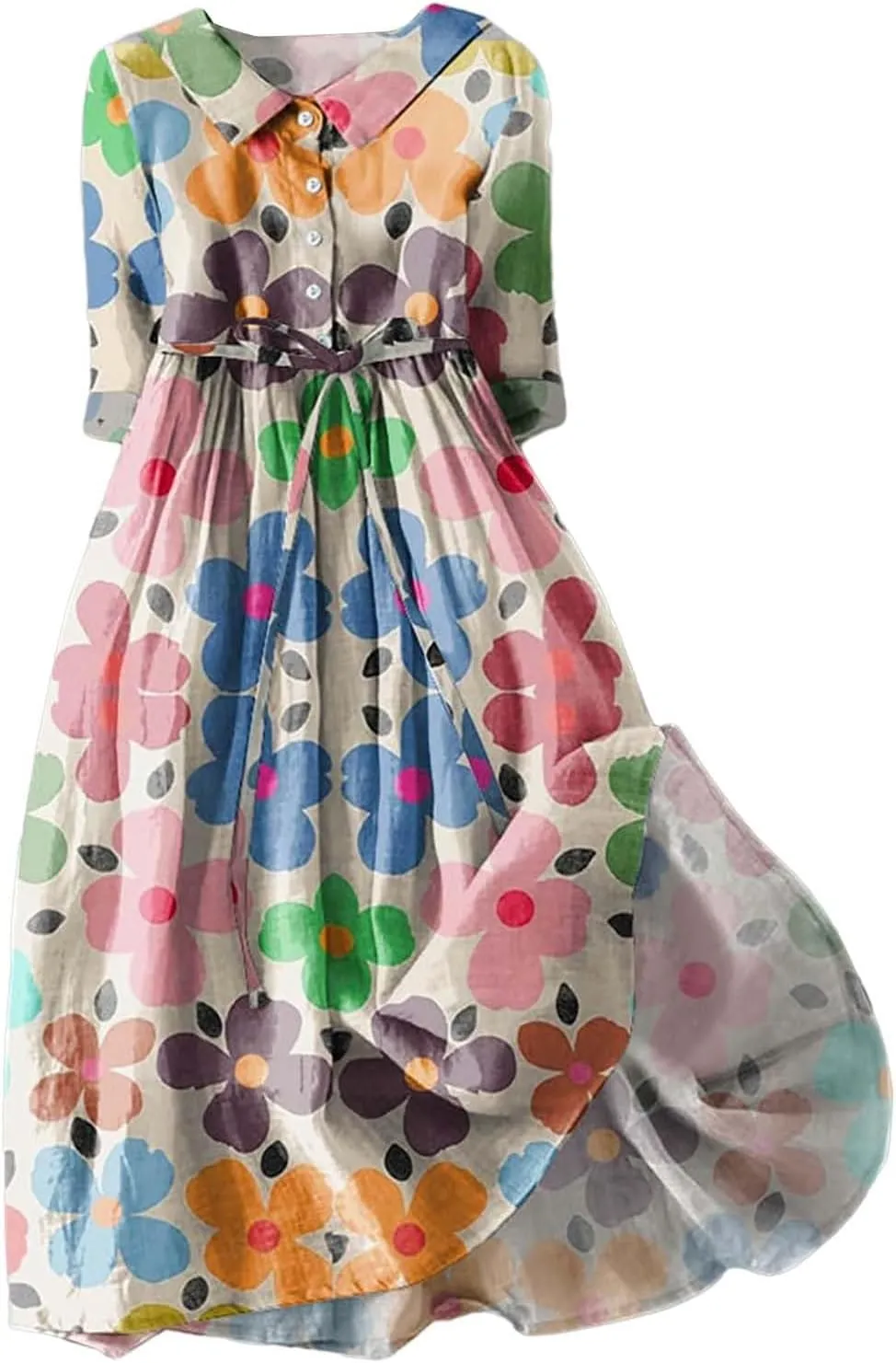 Summer Dresses for Women 2024 Boho Floral Lapel Neck Button Casual A-Line Lace-Up Dress Easter Dress Maternity