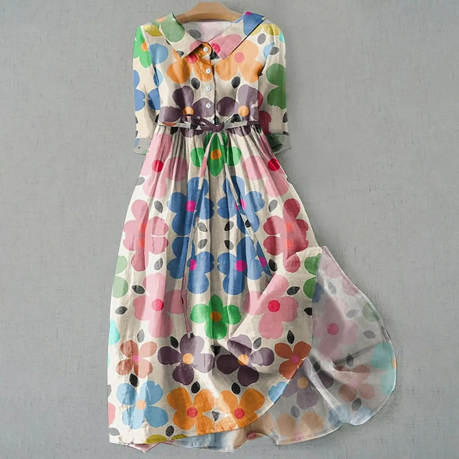 Summer Dresses for Women 2024 Boho Floral Lapel Neck Button Casual A-Line Lace-Up Dress Easter Dress Maternity