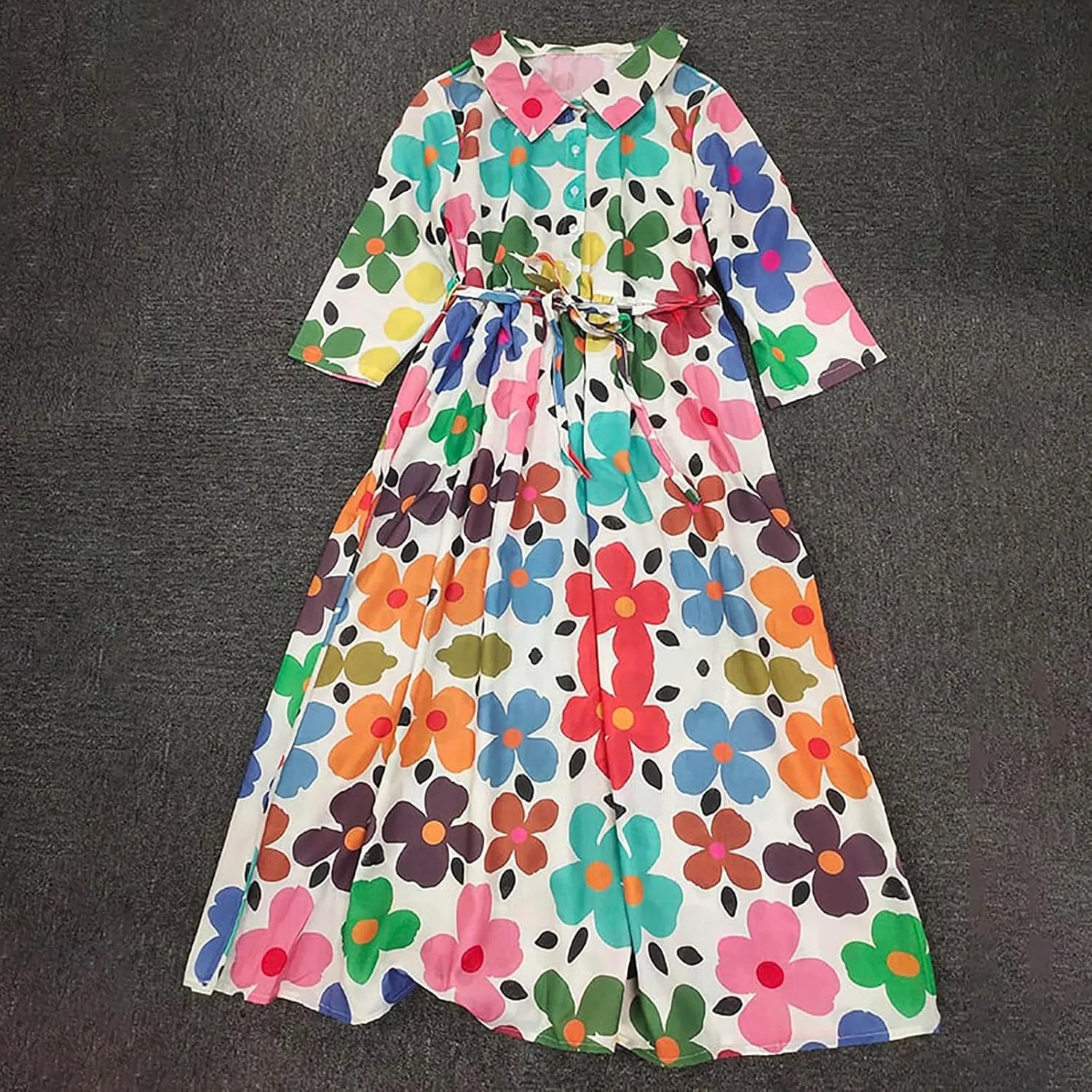 Summer Dresses for Women 2024 Boho Floral Lapel Neck Button Casual A-Line Lace-Up Dress Easter Dress Maternity