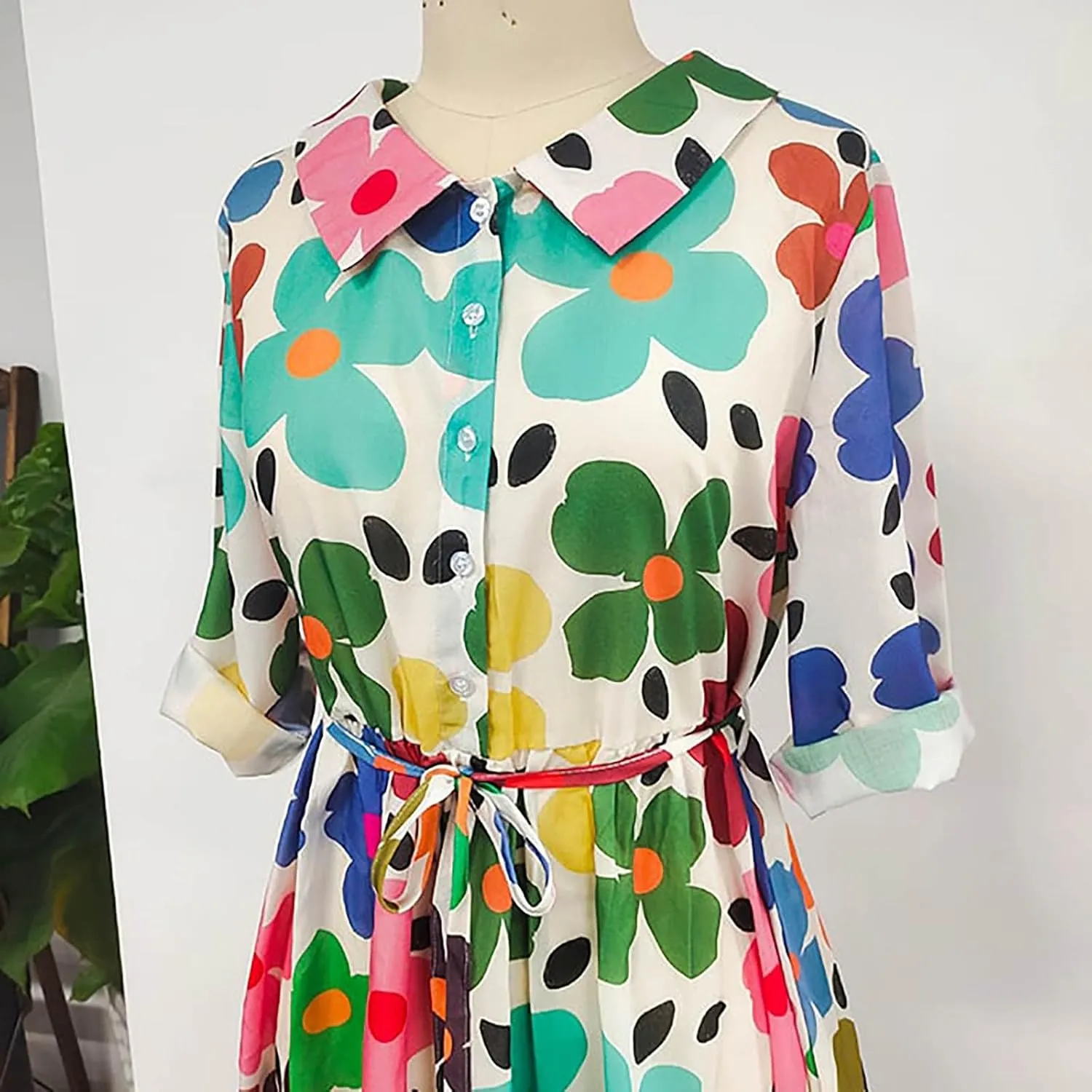 Summer Dresses for Women 2024 Boho Floral Lapel Neck Button Casual A-Line Lace-Up Dress Easter Dress Maternity