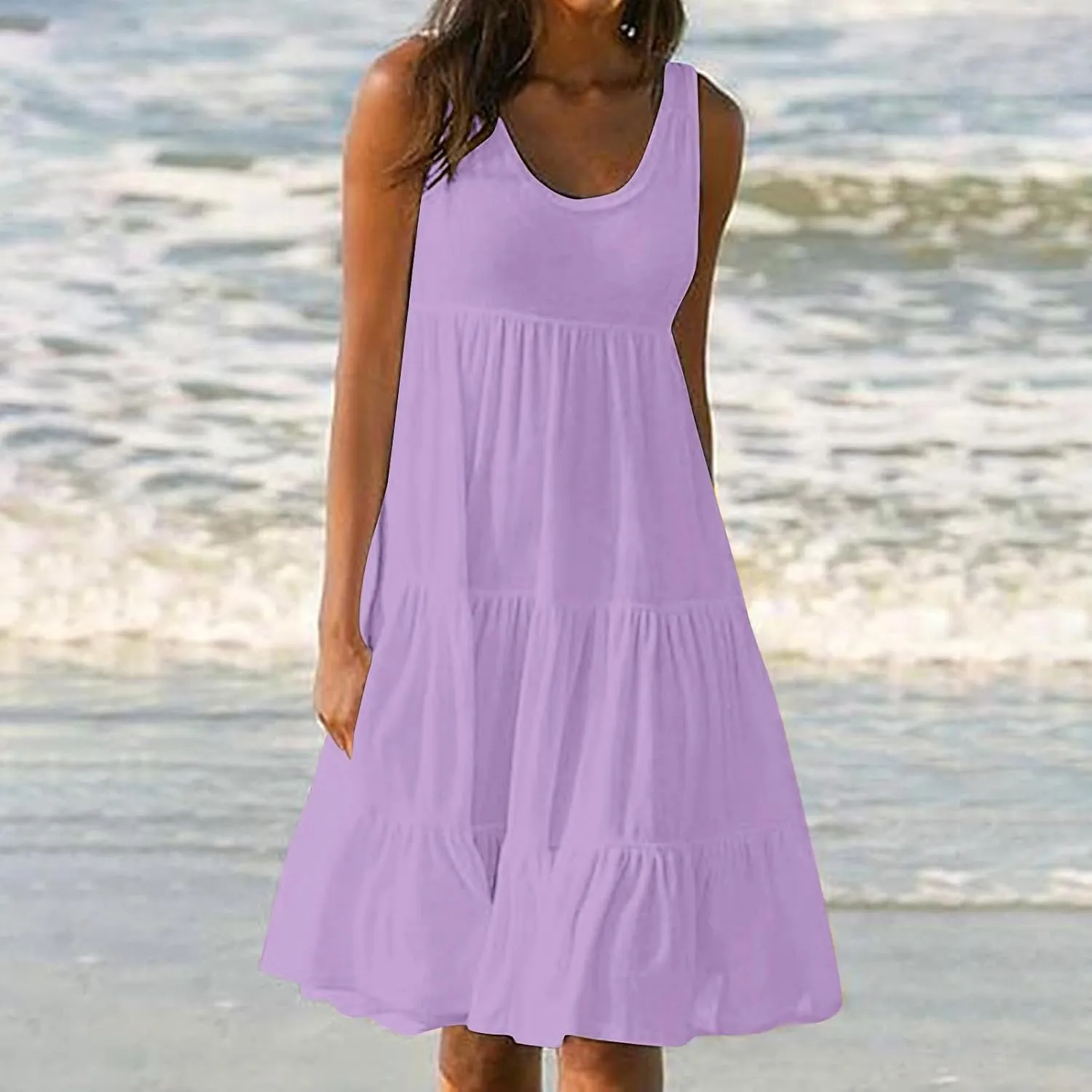 Summer Dresses for Women 2025 Vacation Sleeveless Crewneck Mini Tank Dress Tiered Ruffle Flowy Beach Sundresses