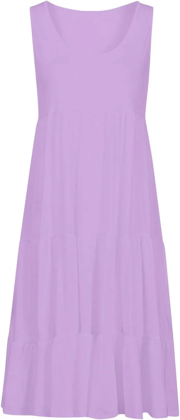 Summer Dresses for Women 2025 Vacation Sleeveless Crewneck Mini Tank Dress Tiered Ruffle Flowy Beach Sundresses