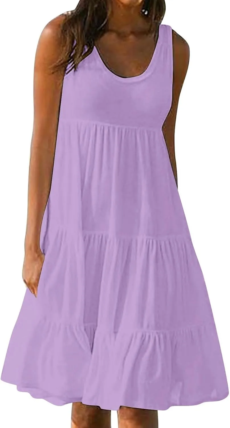 Summer Dresses for Women 2025 Vacation Sleeveless Crewneck Mini Tank Dress Tiered Ruffle Flowy Beach Sundresses