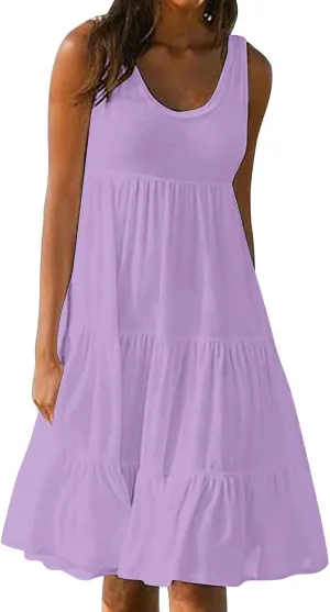 Summer Dresses for Women 2025 Vacation Sleeveless Crewneck Mini Tank Dress Tiered Ruffle Flowy Beach Sundresses