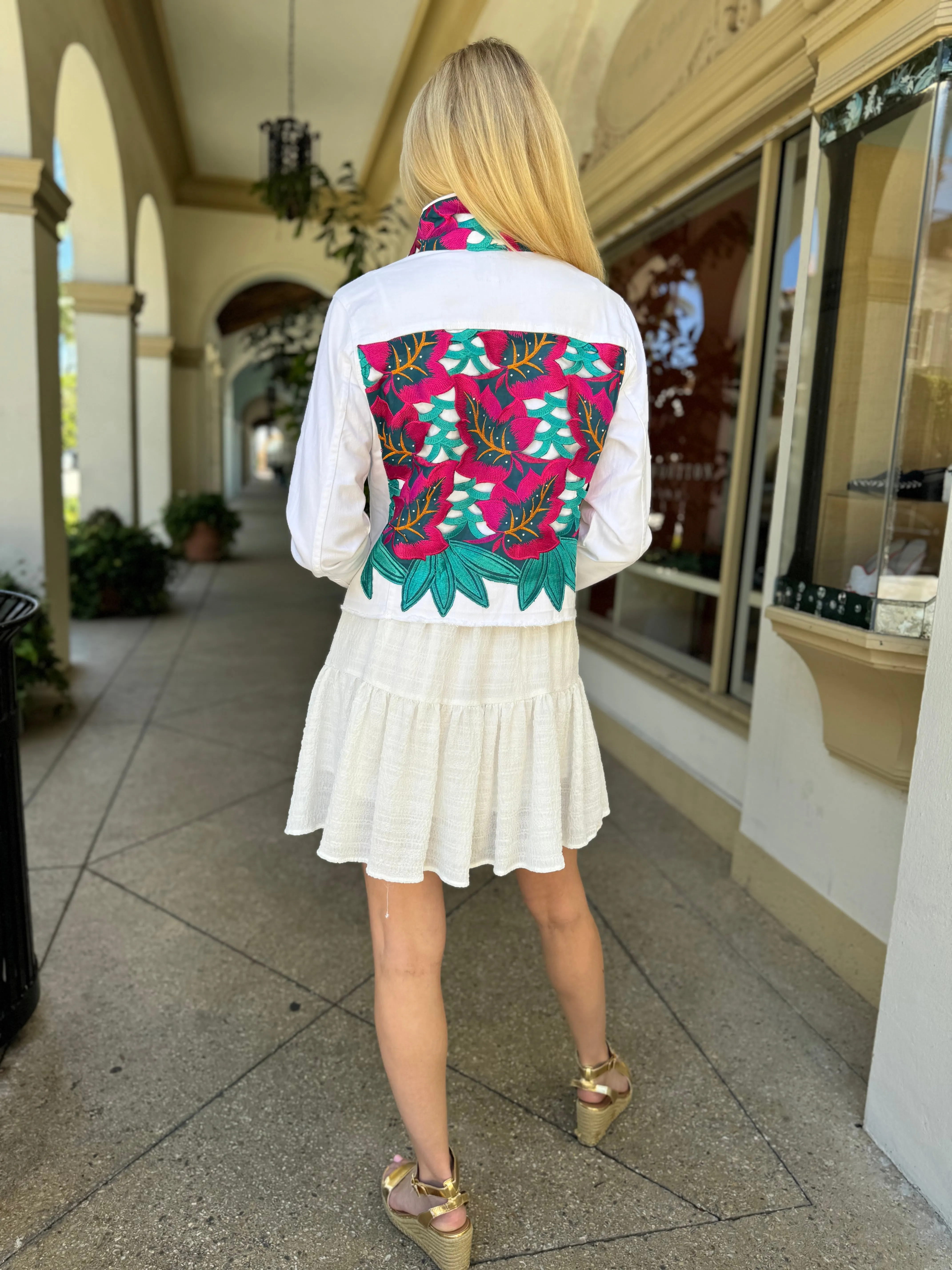 The White Denim Jacket / Fuchsia and Teal Woven Design