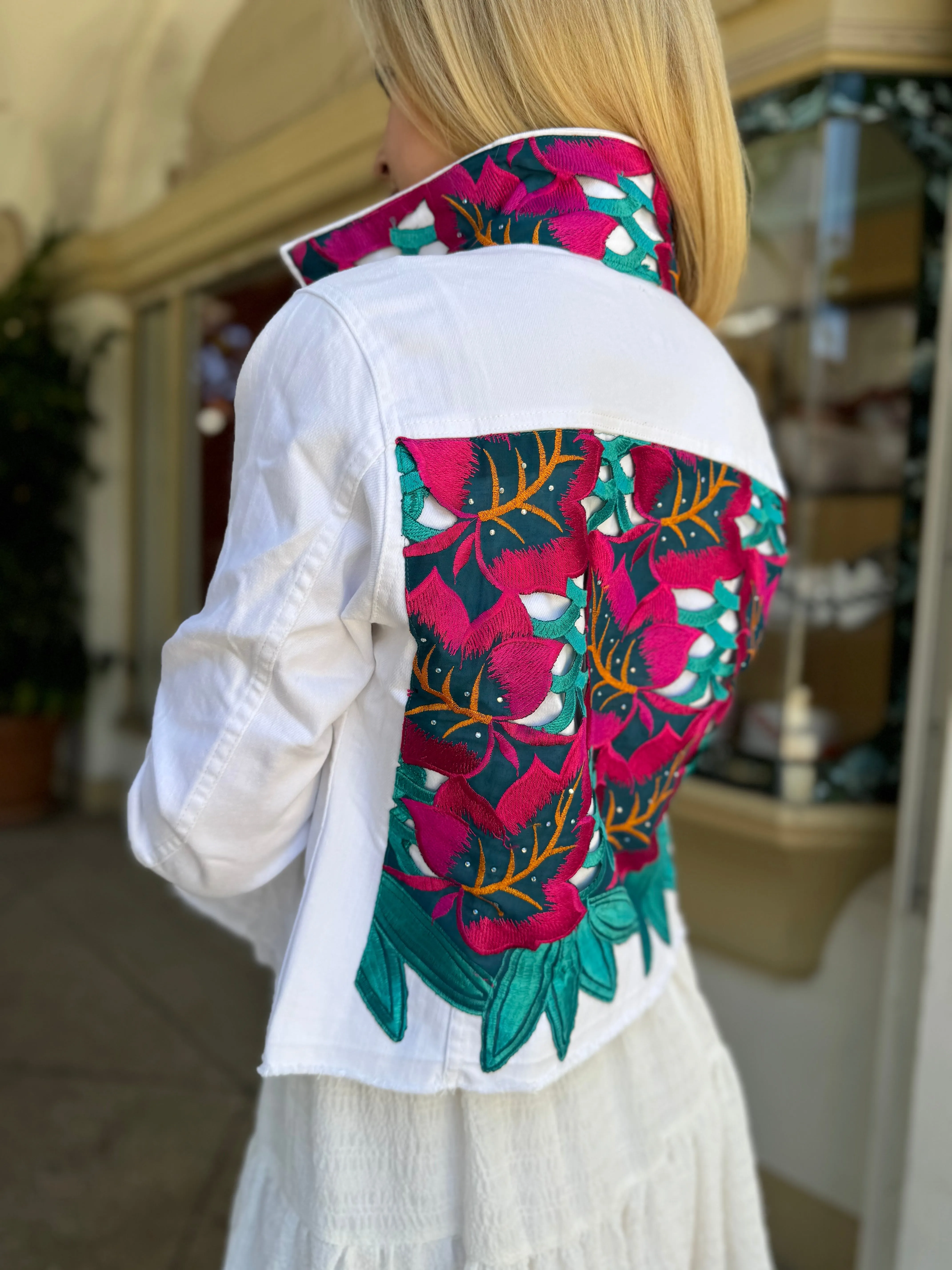 The White Denim Jacket / Fuchsia and Teal Woven Design