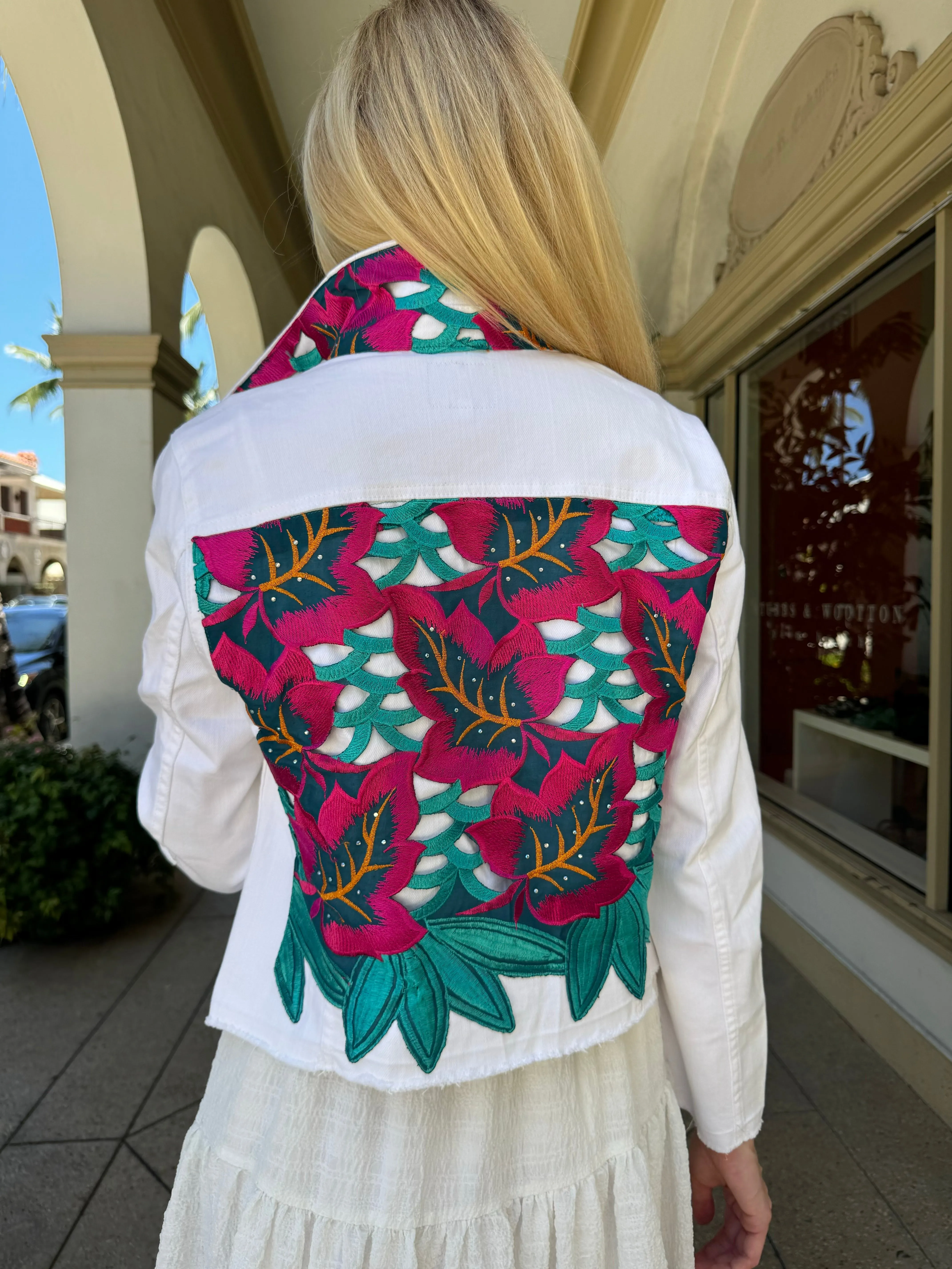 The White Denim Jacket / Fuchsia and Teal Woven Design