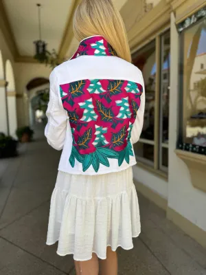 The White Denim Jacket / Fuchsia and Teal Woven Design