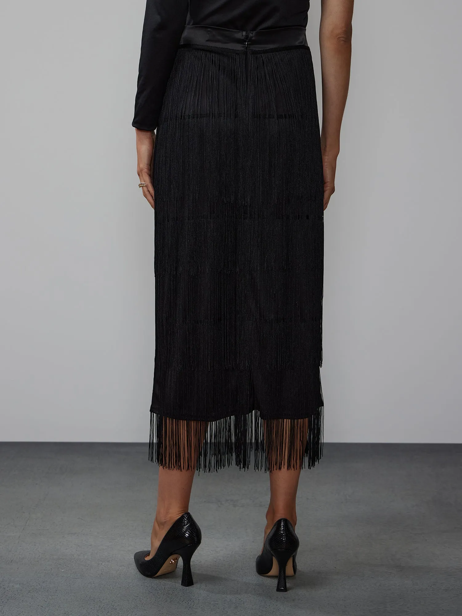 Tiered Fringe Midi Skirt