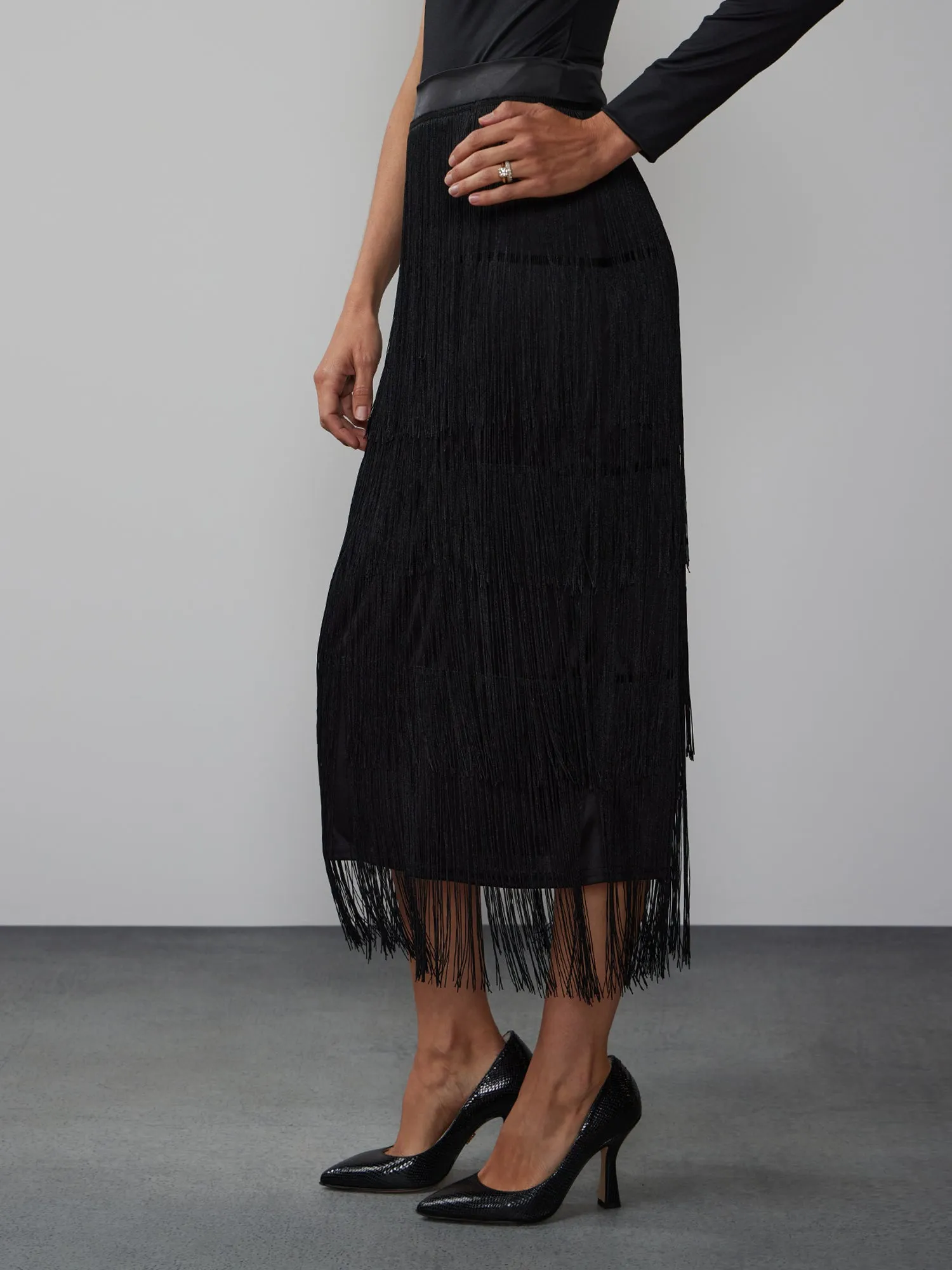 Tiered Fringe Midi Skirt