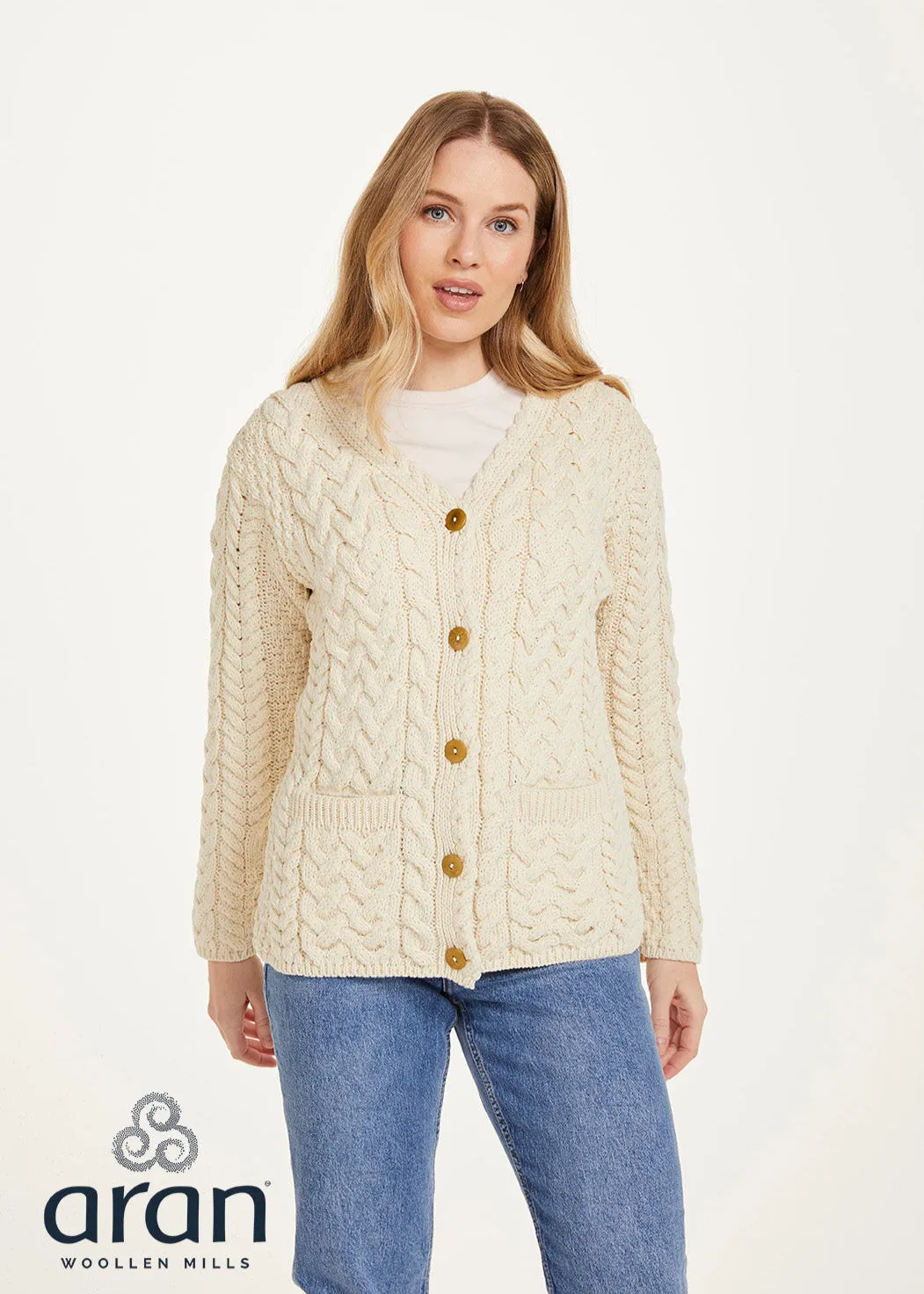 Traditional Cable Knit Aran Cardigan | Natural - Clearance