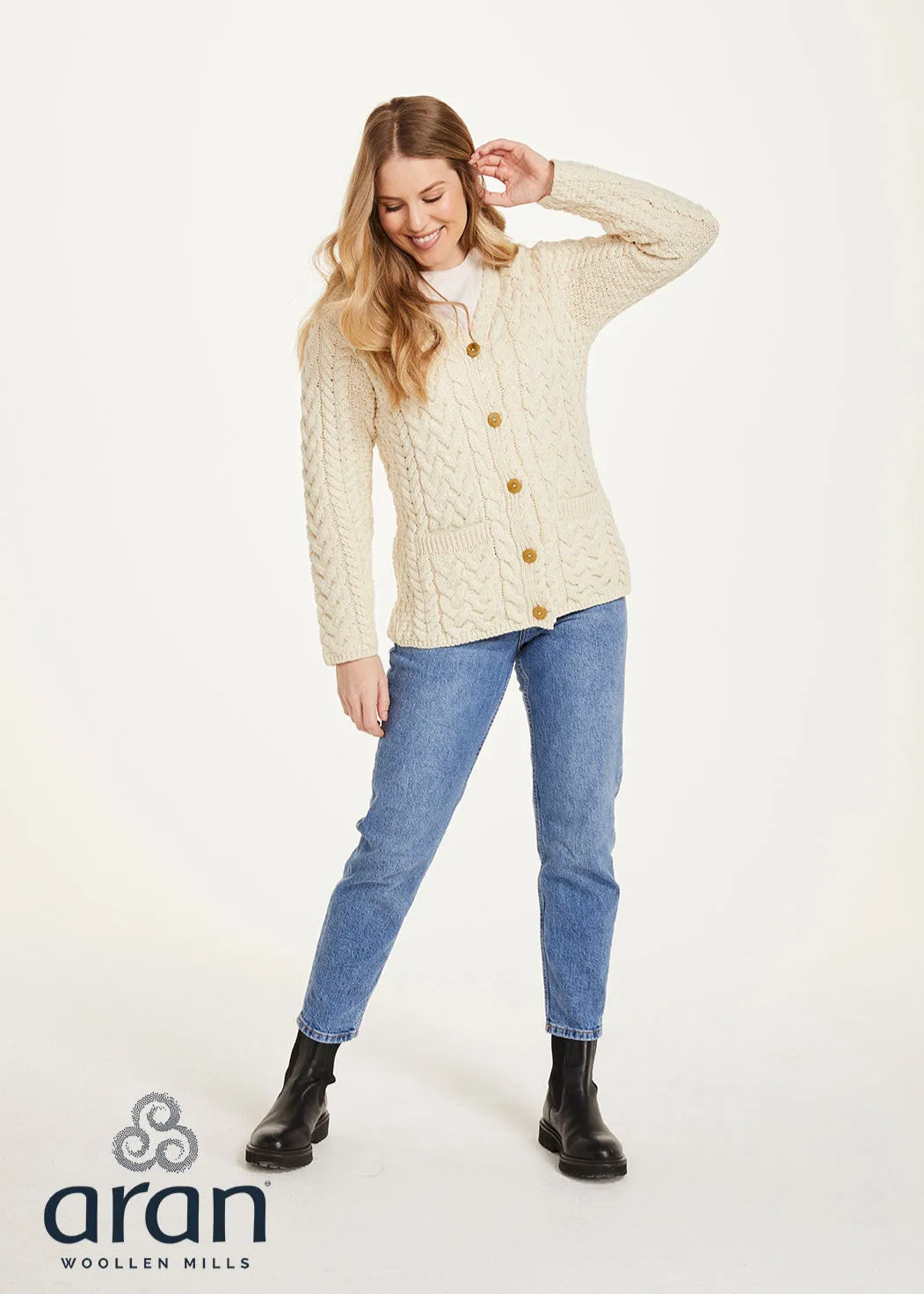 Traditional Cable Knit Aran Cardigan | Natural - Clearance