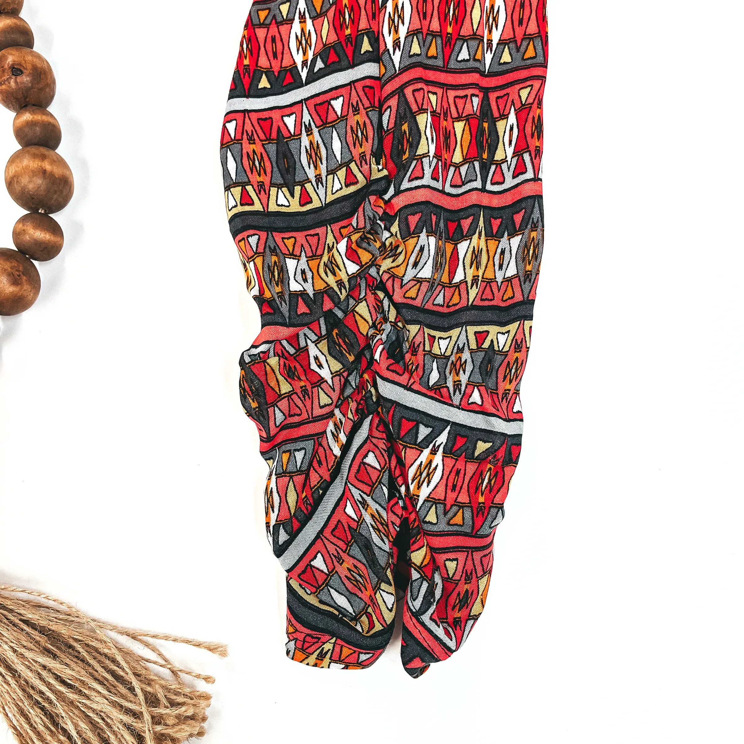 Tribal Print Pants with Ruched Bottom Sides in Red and Grey Mix