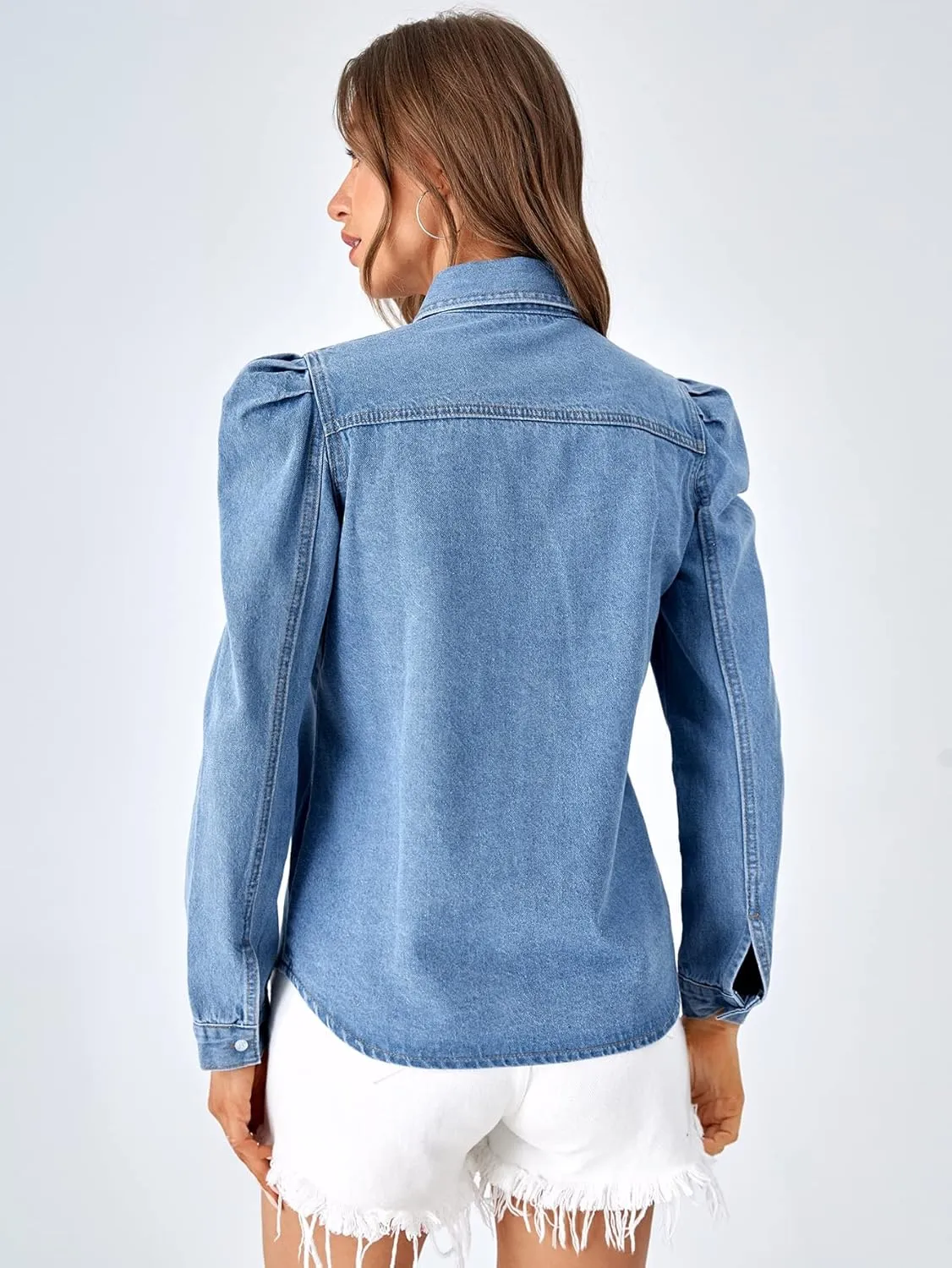 Verdusa Women's Puff Long Sleeve Collar Button Up Denim Shirt Blouse Top with Flap Pocket