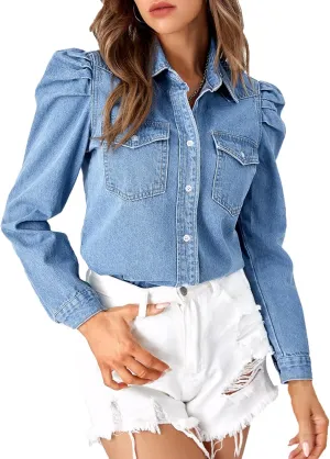 Verdusa Women's Puff Long Sleeve Collar Button Up Denim Shirt Blouse Top with Flap Pocket