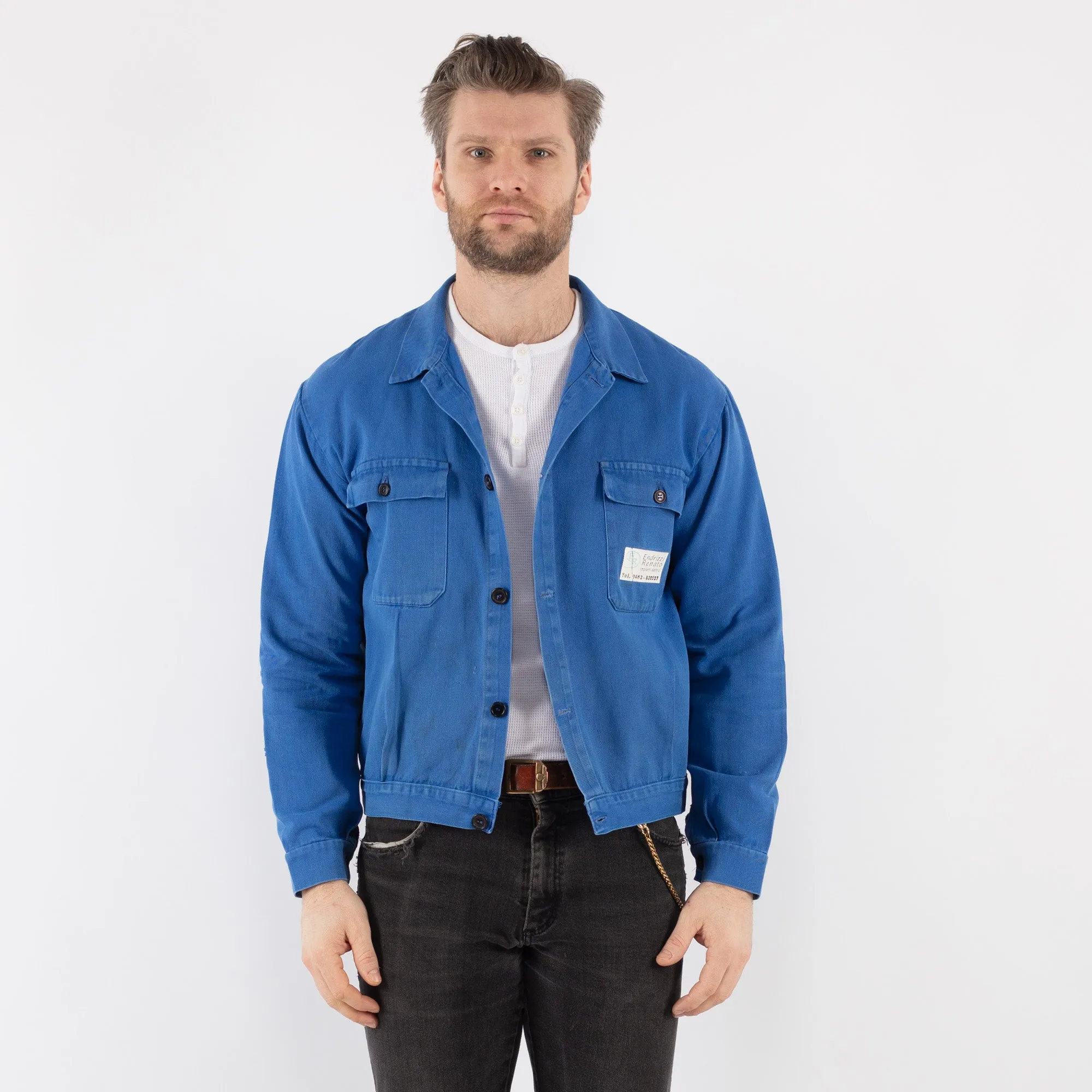 Vintage 70's Men Cropped Italian Work Jacket in Blue