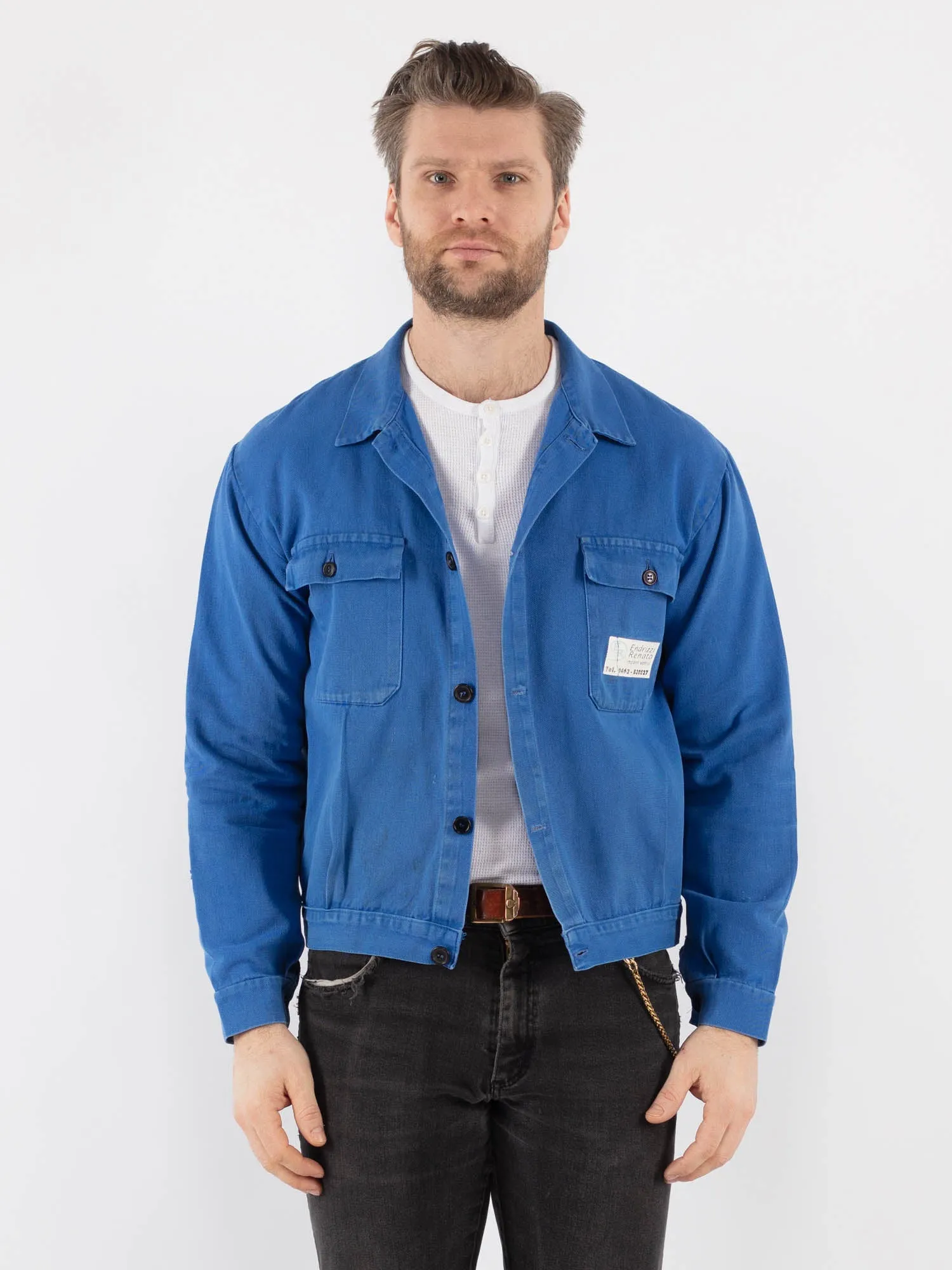 Vintage 70's Men Cropped Italian Work Jacket in Blue