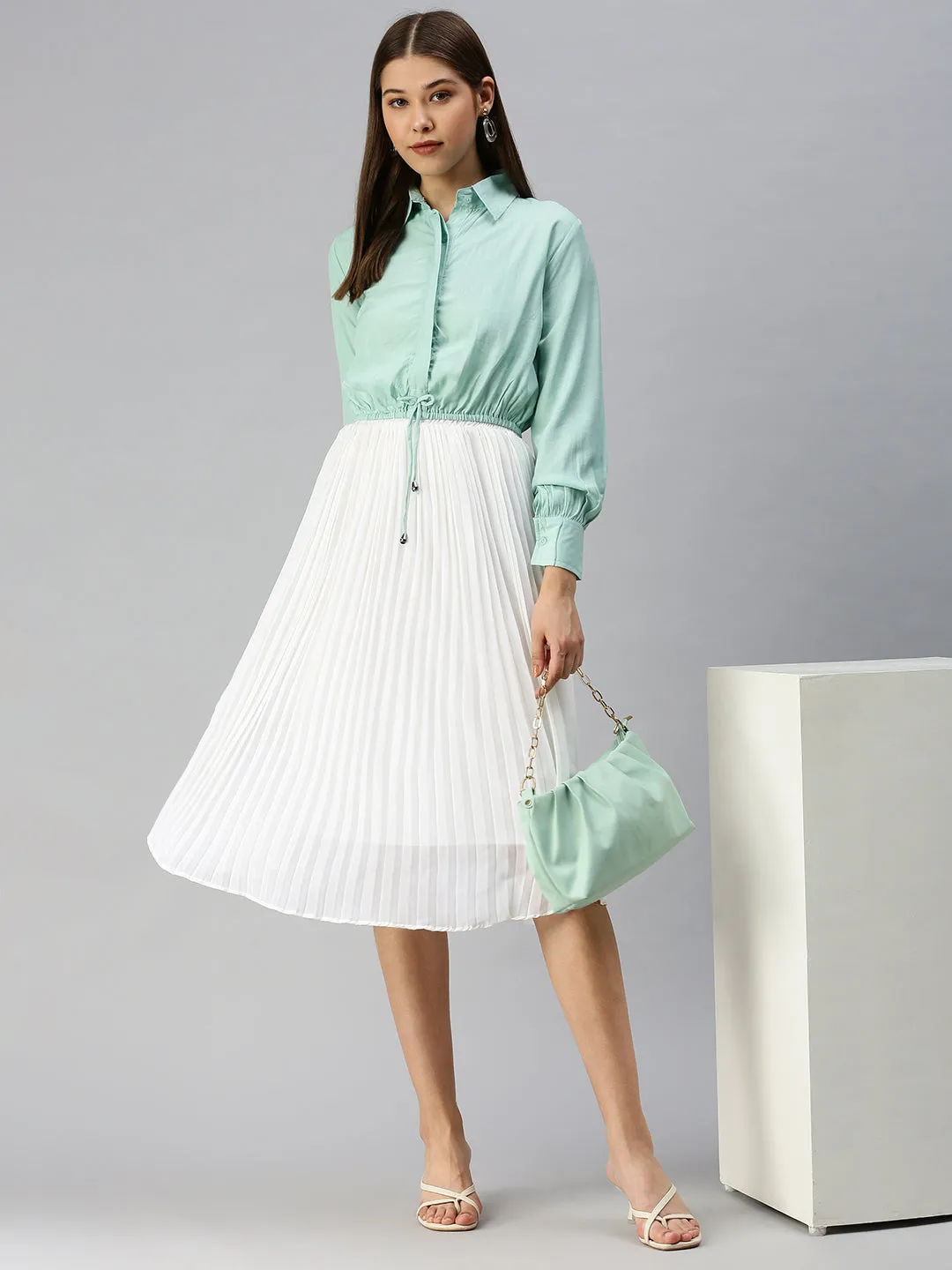 Women Sea Green Striped Shirt Style Top