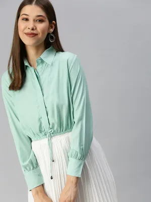 Women Sea Green Striped Shirt Style Top