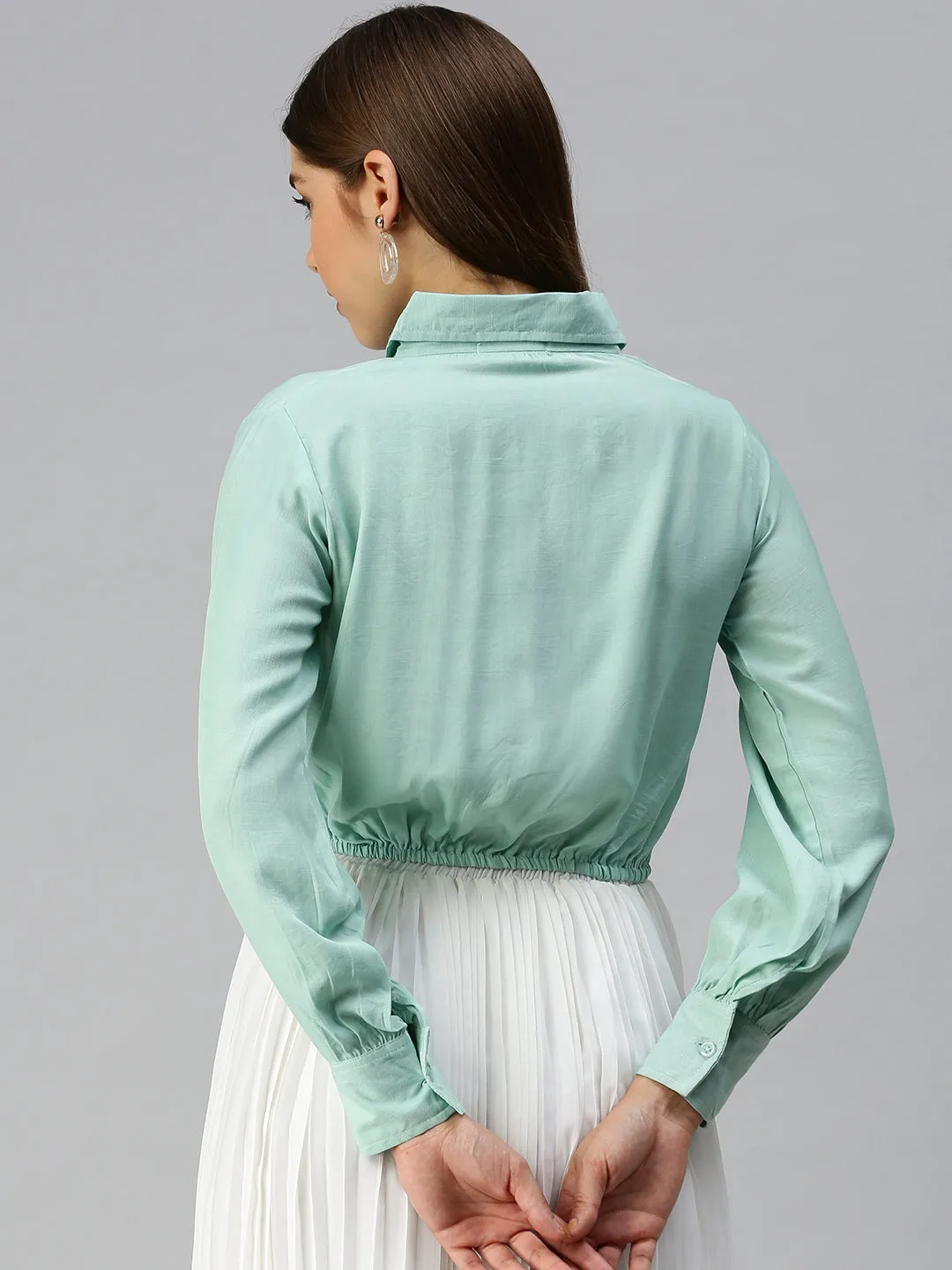 Women Sea Green Striped Shirt Style Top
