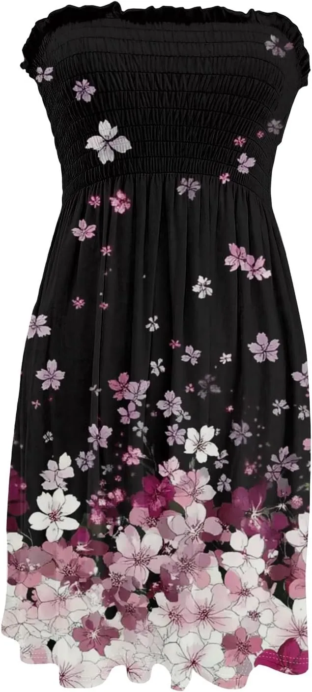 Women's 2025 Summer Tube Dresses Sexy Off Shoulder Floral Mini Dress Beach Vacation Outfit Dress Fashion