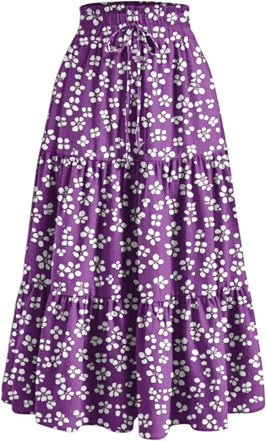 Womens Boho Floral Print Maxi Skirt Summer Drawstring High Waisted Tiered Long Skirts Flowy Beach Vacation Skirts