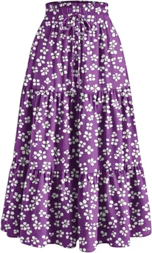 Womens Boho Floral Print Maxi Skirt Summer Drawstring High Waisted Tiered Long Skirts Flowy Beach Vacation Skirts