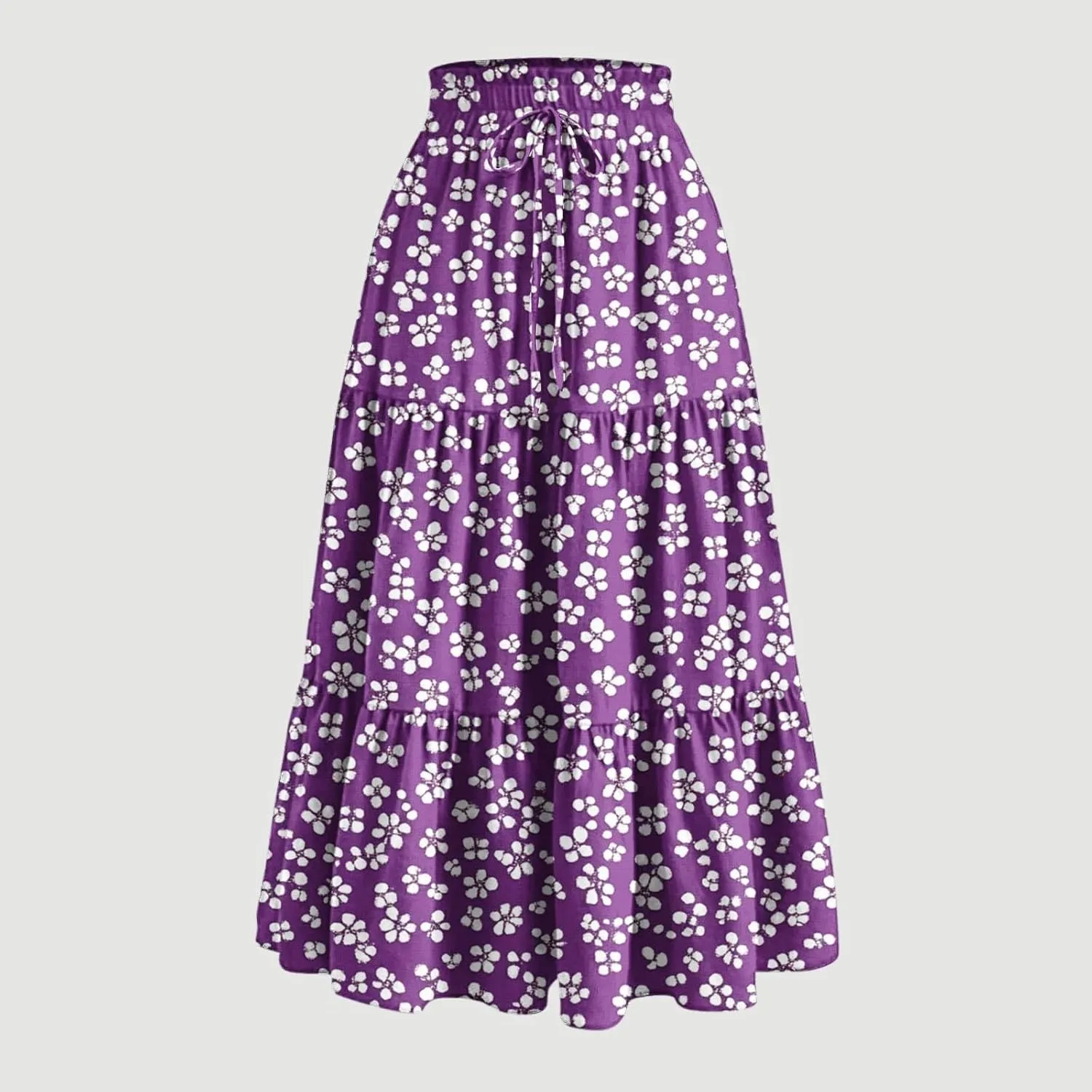 Womens Boho Floral Print Maxi Skirt Summer Drawstring High Waisted Tiered Long Skirts Flowy Beach Vacation Skirts