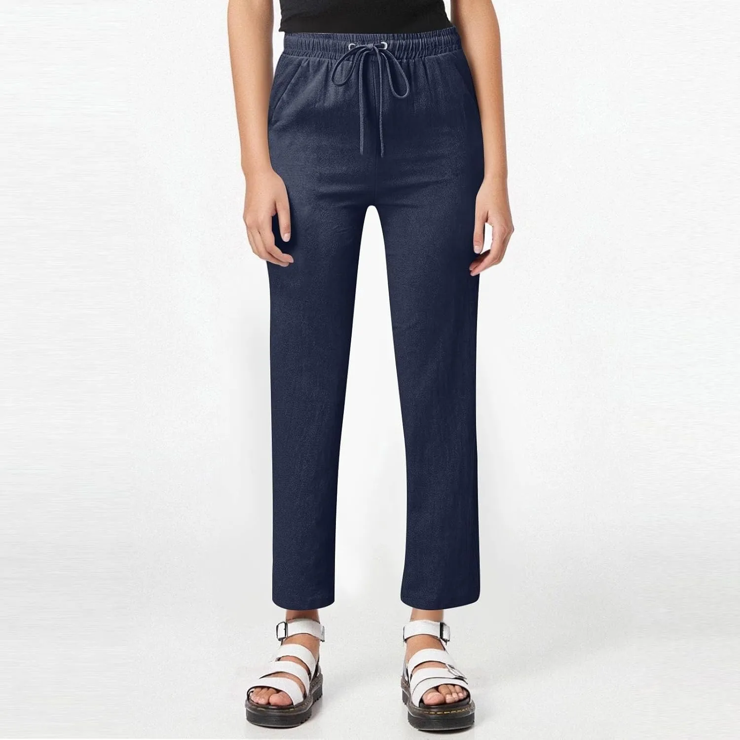 Womens Casual Linen High Waist Pants Drawstring Loose Fit 2025 Summer Beach Pants Trousers
