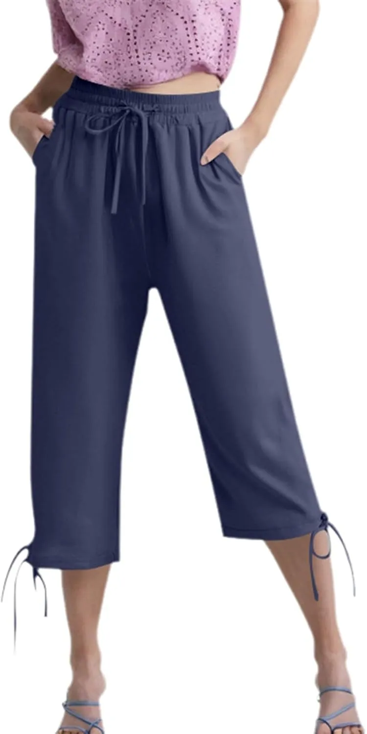 Women's Casual Pants,Plus Size Women's Elastic Cuff Capris Cotton Linen Blend Relaxed Fit Cropped Pants