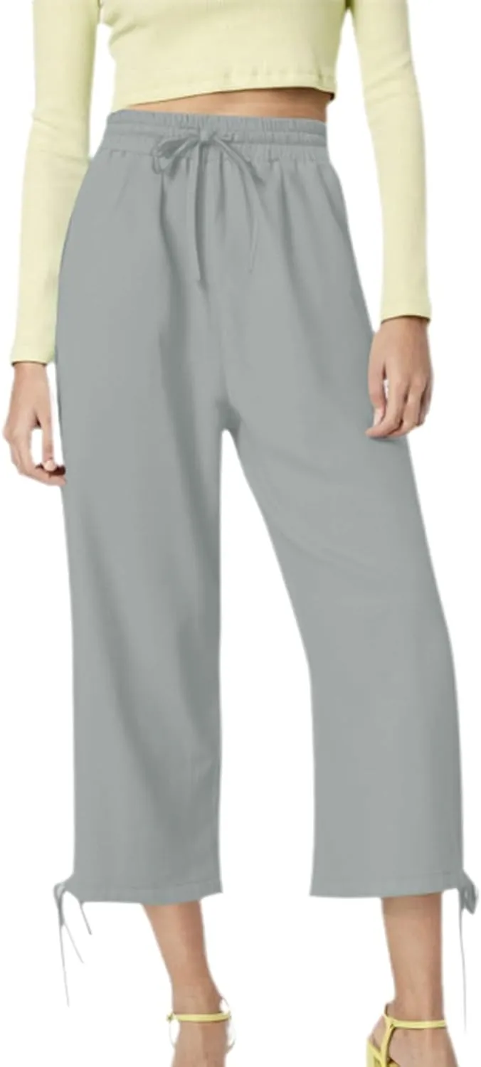 Women's Casual Pants,Plus Size Women's Elastic Cuff Capris Cotton Linen Blend Relaxed Fit Cropped Pants