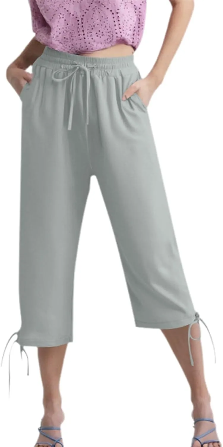 Women's Casual Pants,Plus Size Women's Elastic Cuff Capris Cotton Linen Blend Relaxed Fit Cropped Pants