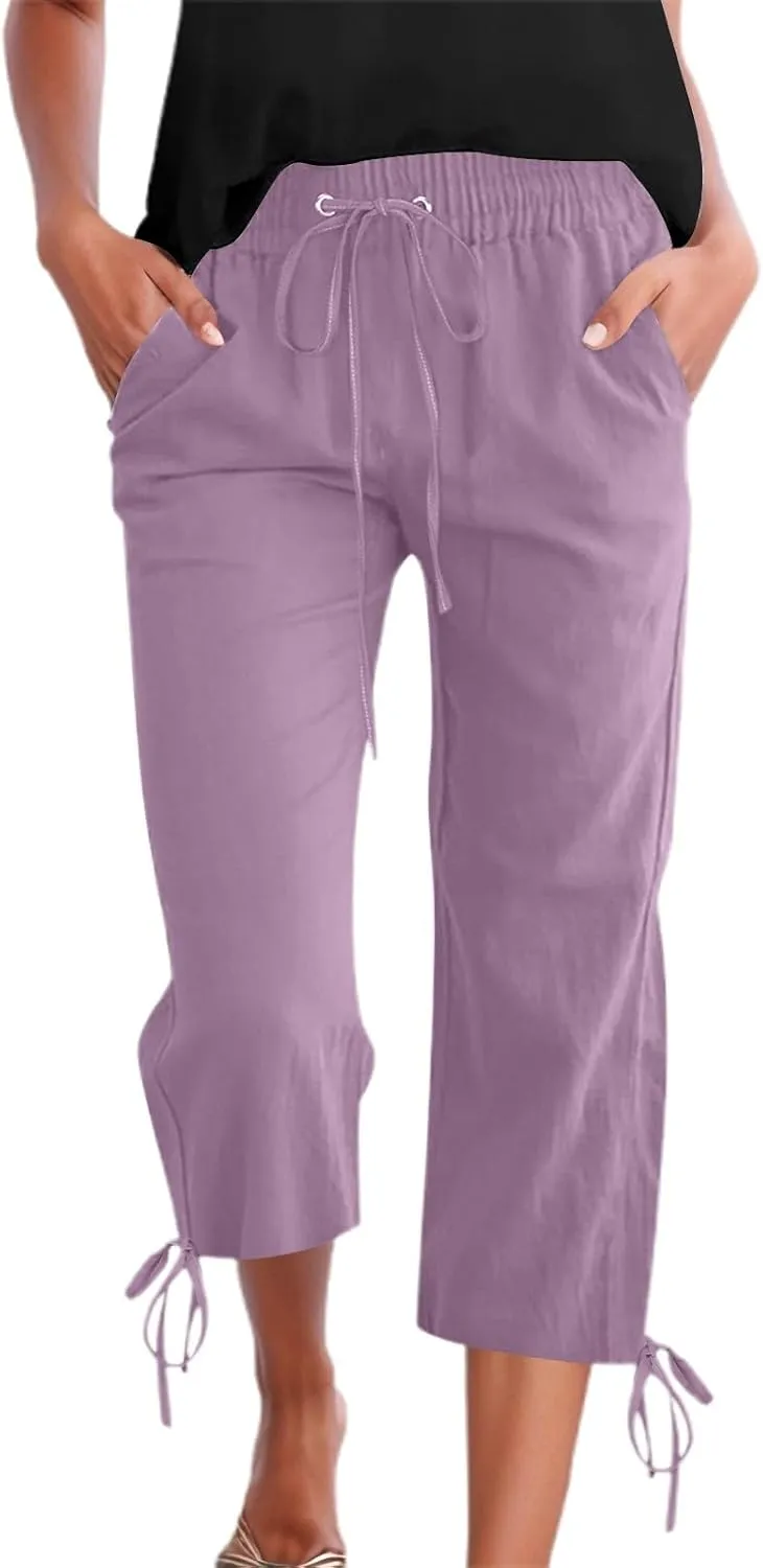 Women's Casual Pants,Plus Size Women's Elastic Cuff Capris Cotton Linen Blend Relaxed Fit Cropped Pants