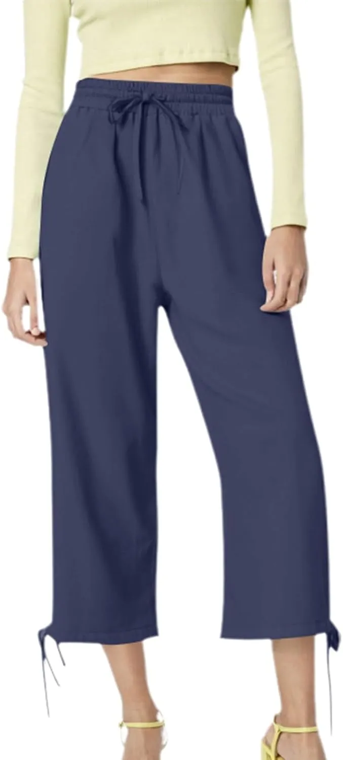 Women's Casual Pants,Plus Size Women's Elastic Cuff Capris Cotton Linen Blend Relaxed Fit Cropped Pants
