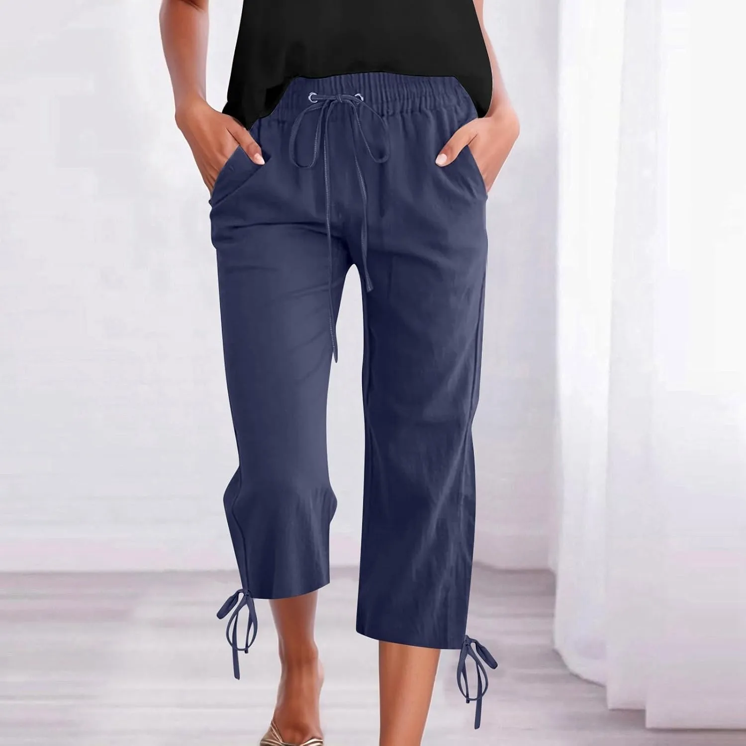 Women's Casual Pants,Plus Size Women's Elastic Cuff Capris Cotton Linen Blend Relaxed Fit Cropped Pants