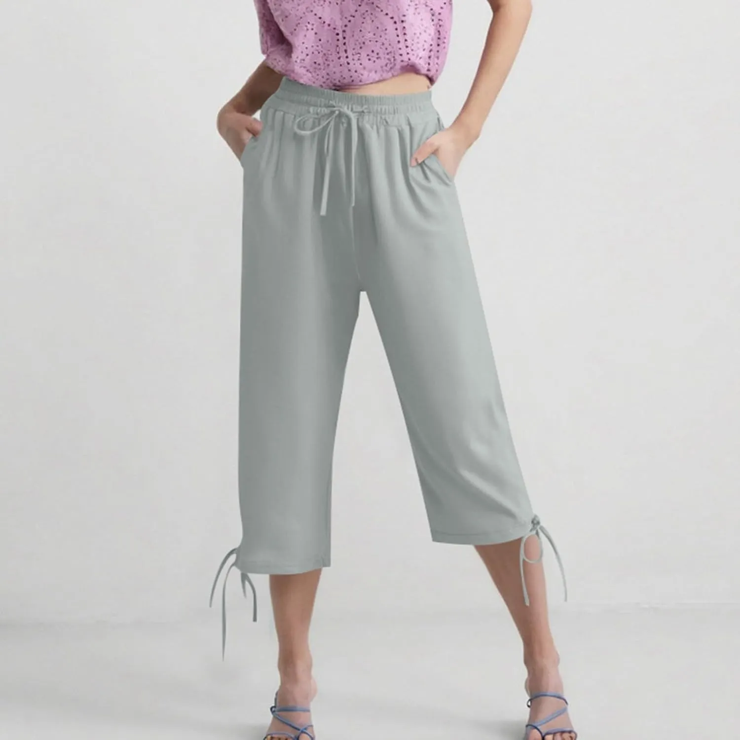 Women's Casual Pants,Plus Size Women's Elastic Cuff Capris Cotton Linen Blend Relaxed Fit Cropped Pants