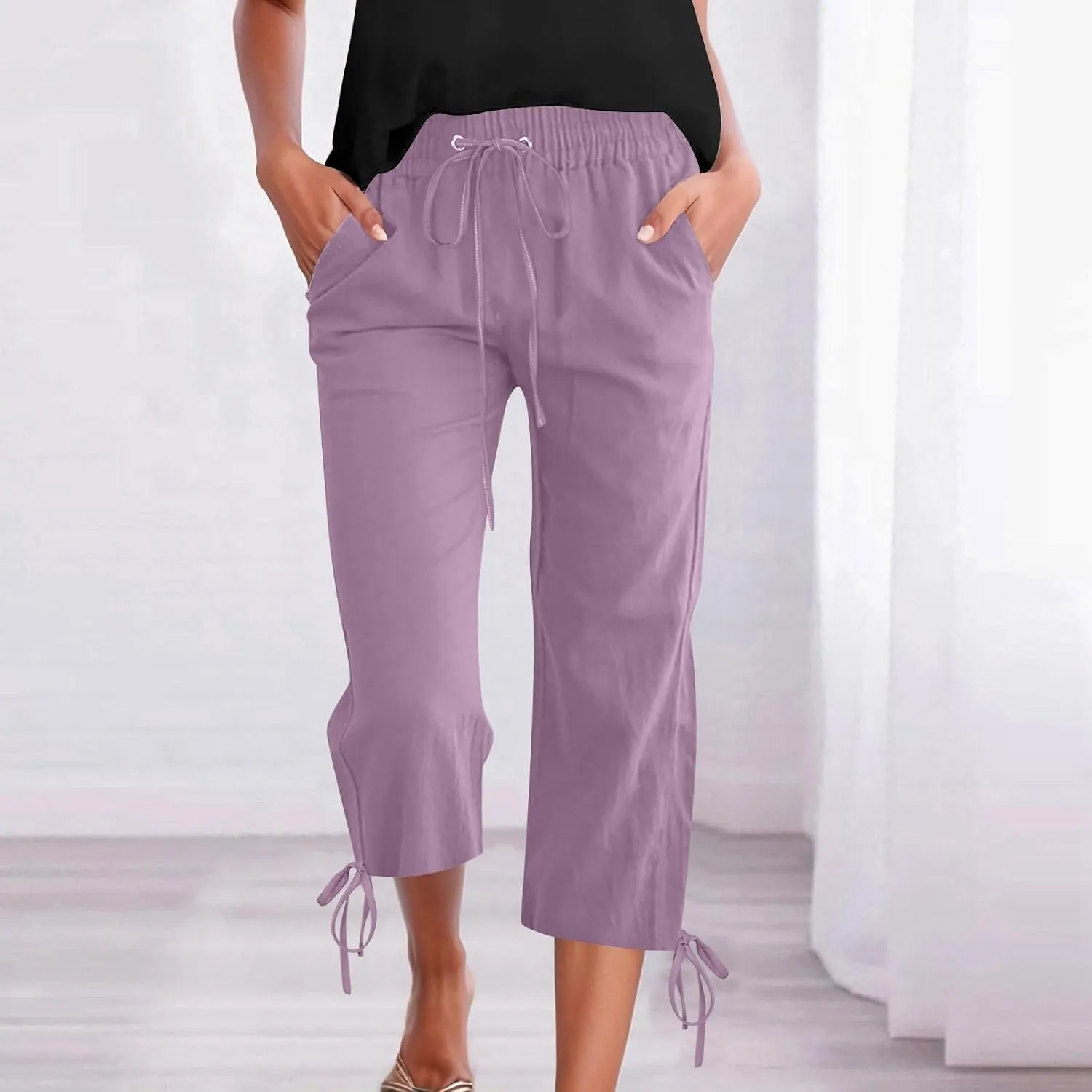 Women's Casual Pants,Plus Size Women's Elastic Cuff Capris Cotton Linen Blend Relaxed Fit Cropped Pants