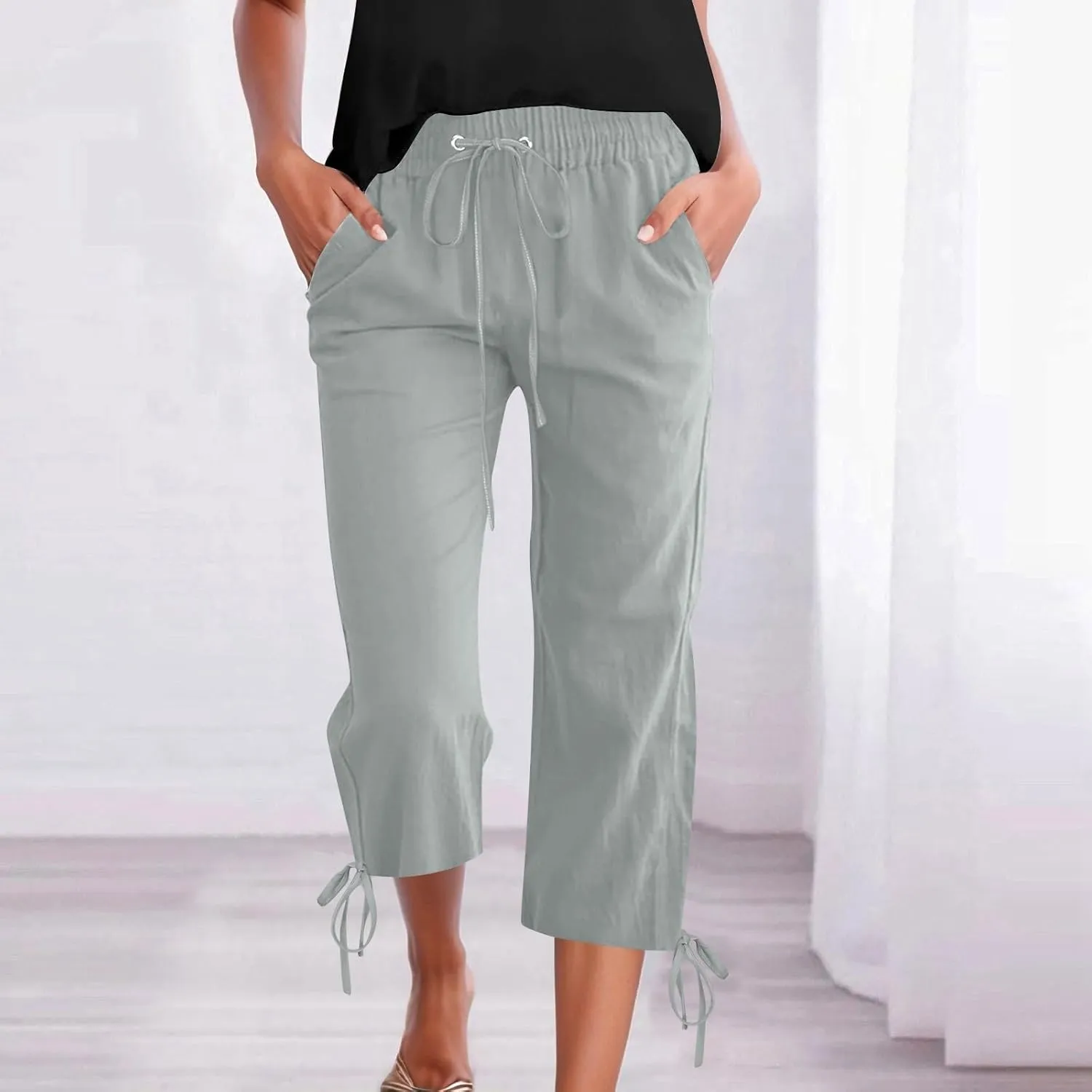 Women's Casual Pants,Plus Size Women's Elastic Cuff Capris Cotton Linen Blend Relaxed Fit Cropped Pants