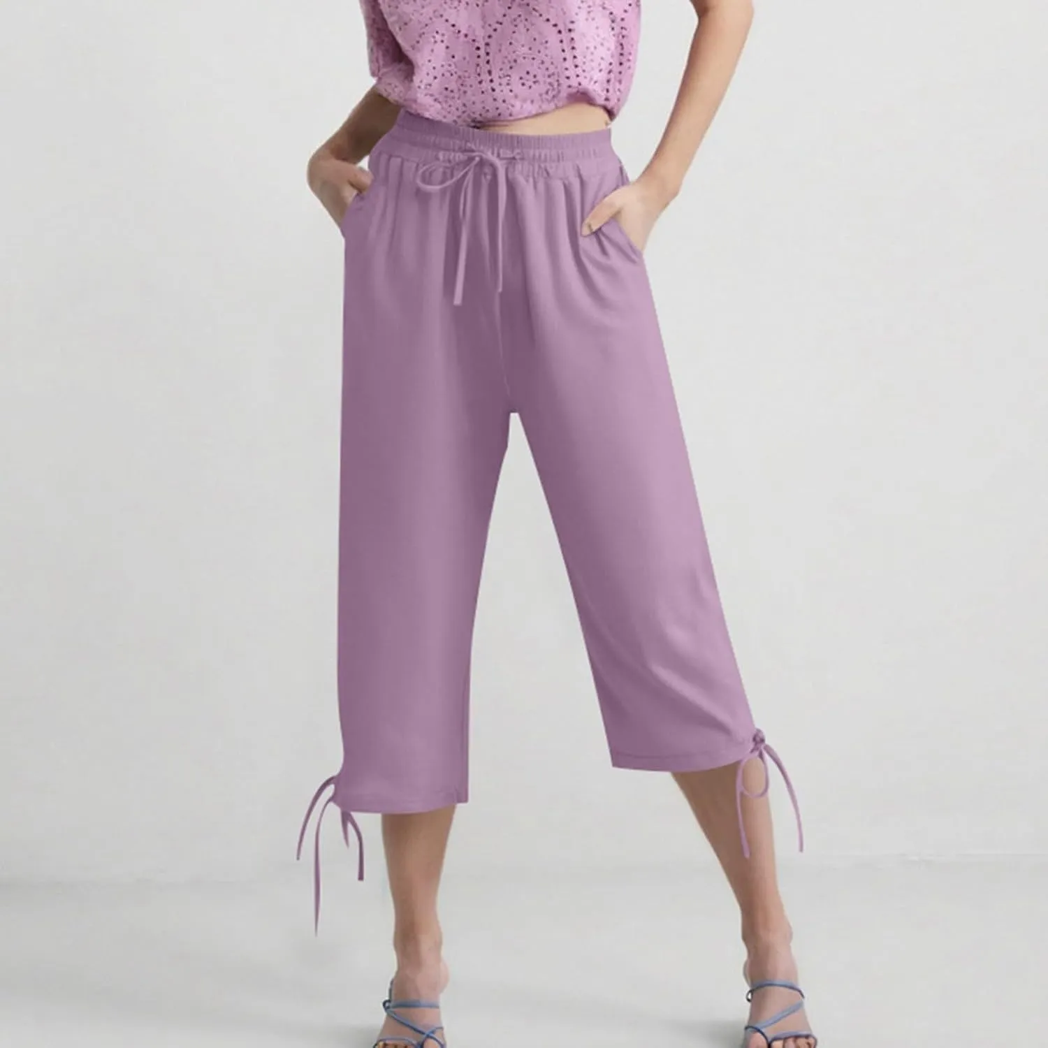 Women's Casual Pants,Plus Size Women's Elastic Cuff Capris Cotton Linen Blend Relaxed Fit Cropped Pants