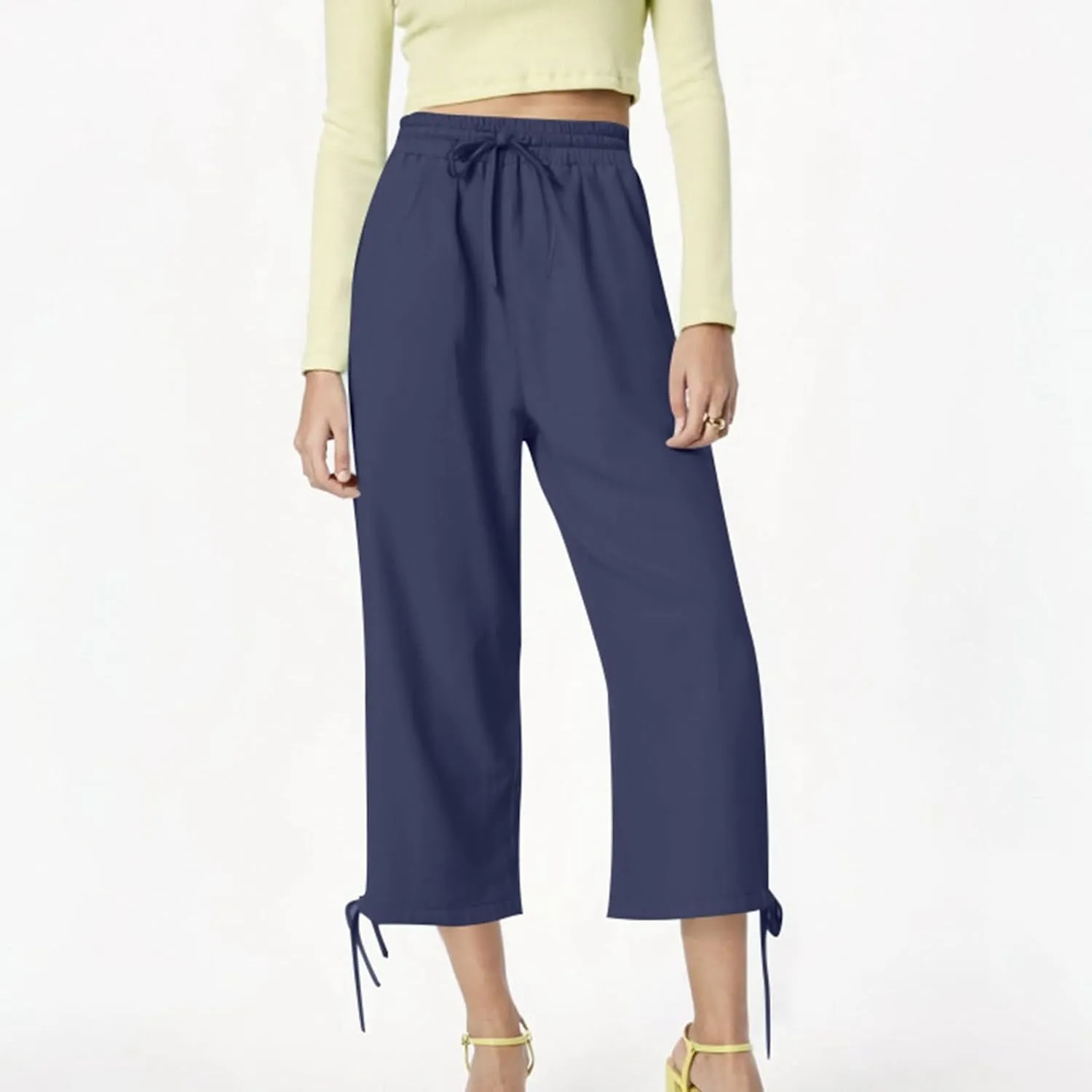 Women's Casual Pants,Plus Size Women's Elastic Cuff Capris Cotton Linen Blend Relaxed Fit Cropped Pants