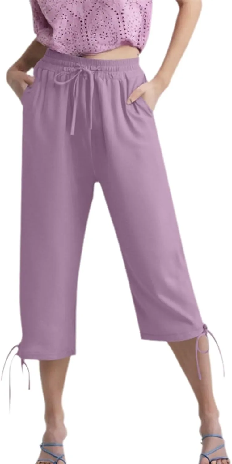 Women's Casual Pants,Plus Size Women's Elastic Cuff Capris Cotton Linen Blend Relaxed Fit Cropped Pants
