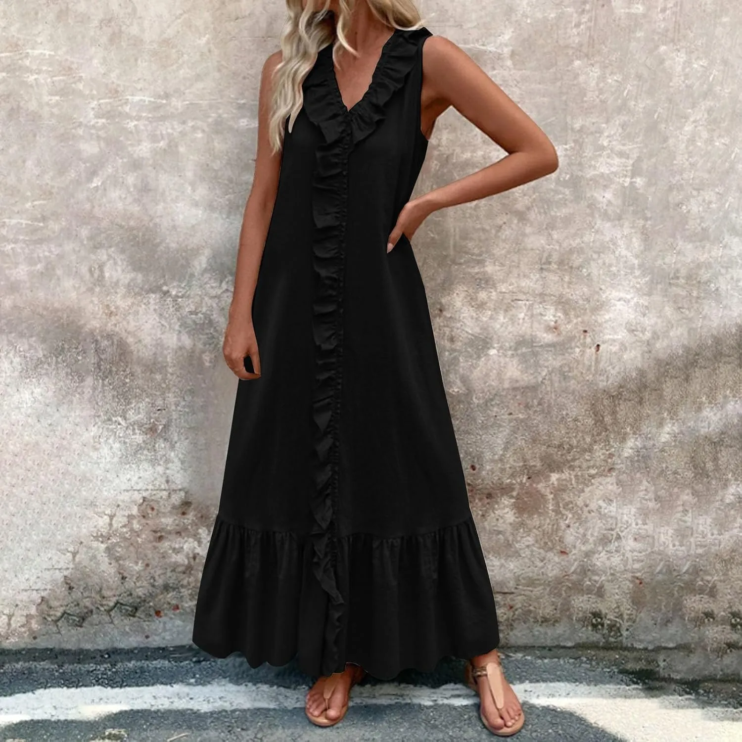 Womens Maxi Dresses 2025 Summer Sexy V Neck Sleeveless Tank Dress Swing Ruffle Hem Going Out Dress