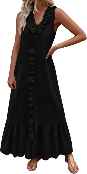 Womens Maxi Dresses 2025 Summer Sexy V Neck Sleeveless Tank Dress Swing Ruffle Hem Going Out Dress