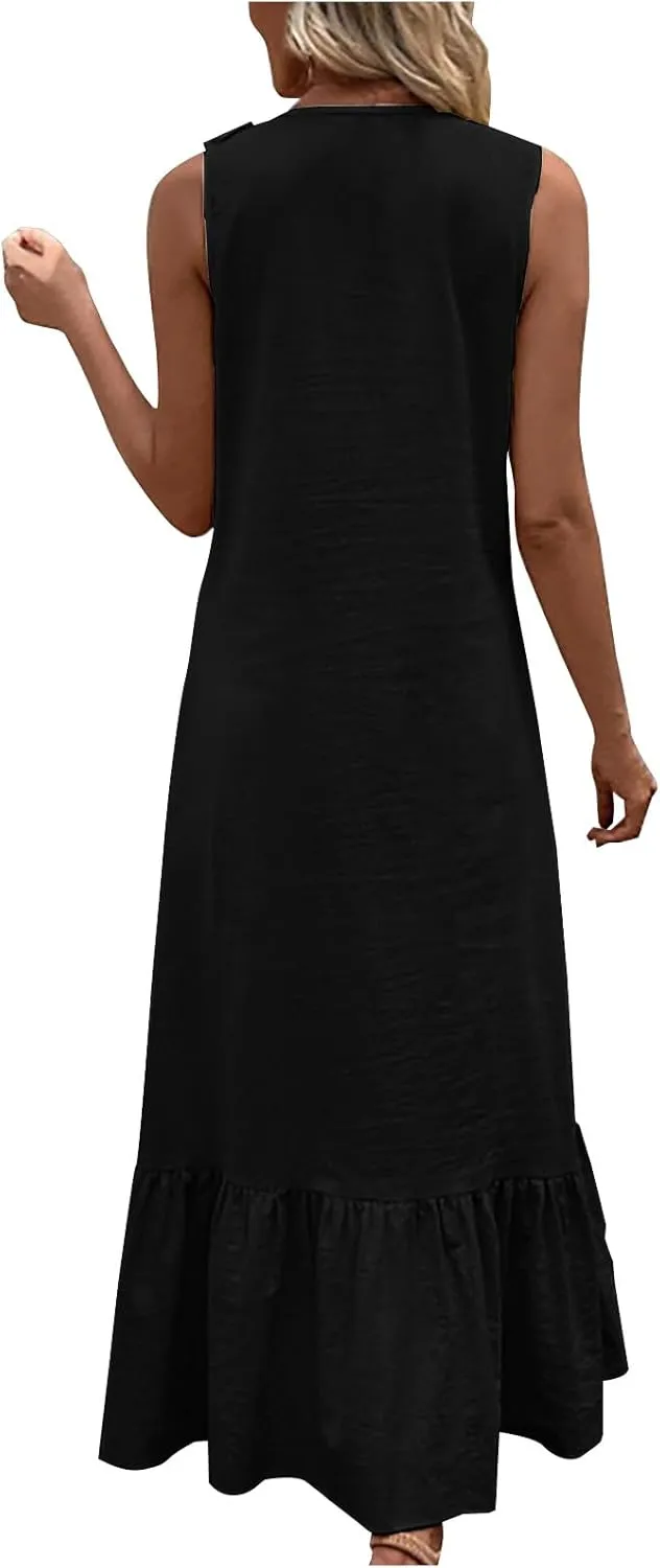 Womens Maxi Dresses 2025 Summer Sexy V Neck Sleeveless Tank Dress Swing Ruffle Hem Going Out Dress