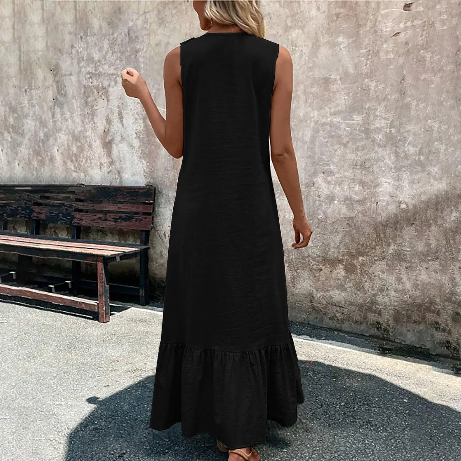 Womens Maxi Dresses 2025 Summer Sexy V Neck Sleeveless Tank Dress Swing Ruffle Hem Going Out Dress