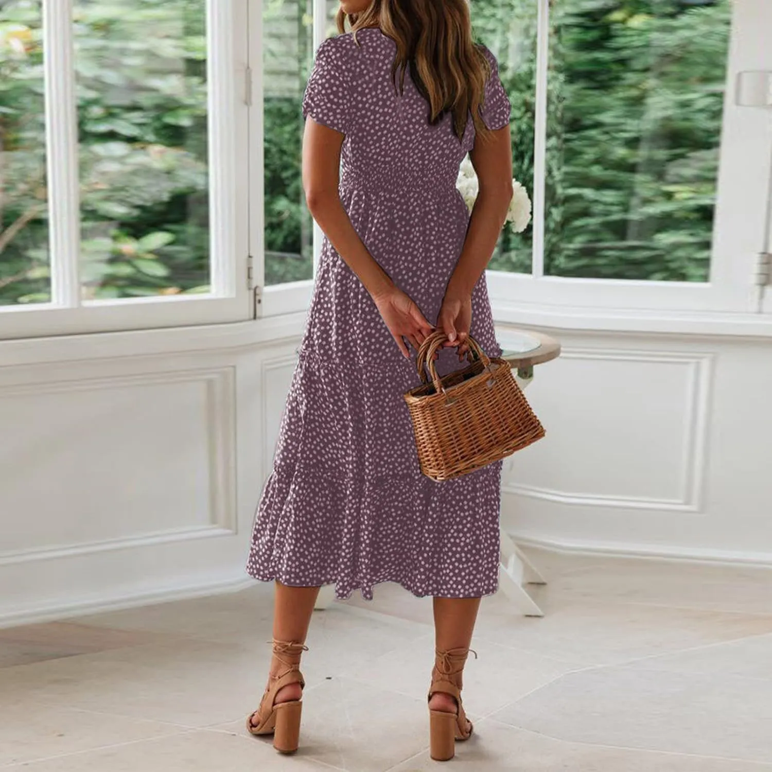 Womens Summer Midi Dress Square Neck Puff Sleeve Boho Dresses Cute Floral Flowy A-line Smocked Tiered Ruffle milkmaid Dress