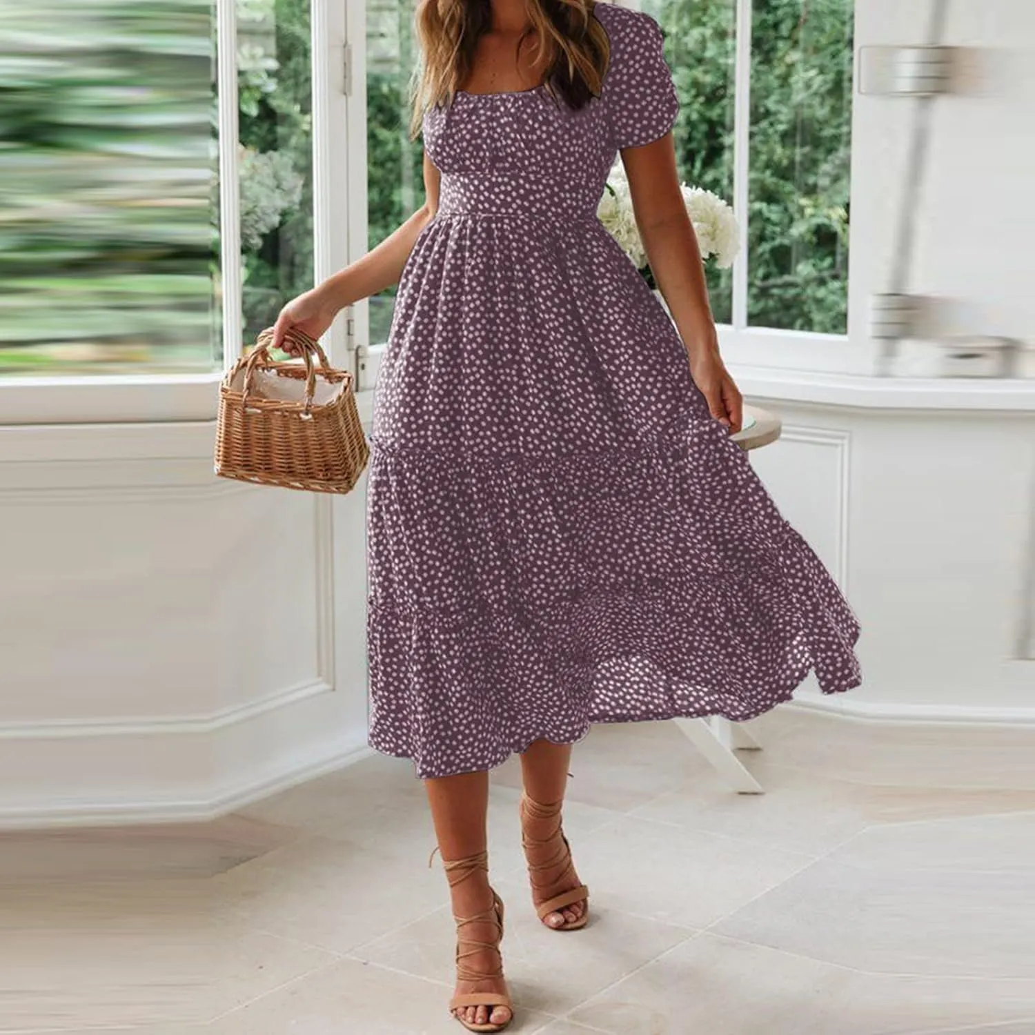Womens Summer Midi Dress Square Neck Puff Sleeve Boho Dresses Cute Floral Flowy A-line Smocked Tiered Ruffle milkmaid Dress
