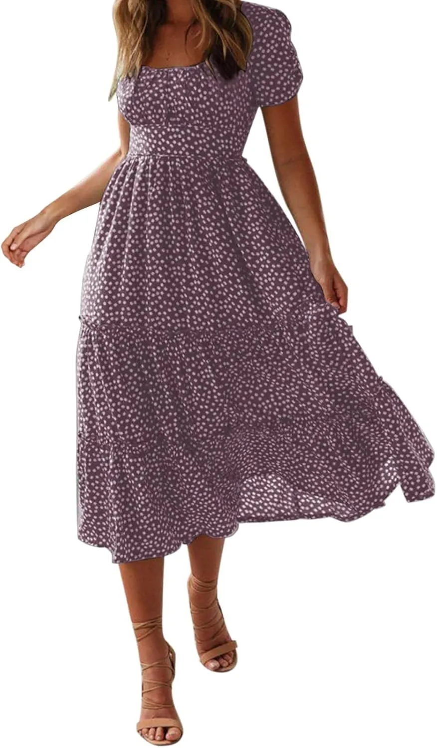 Womens Summer Midi Dress Square Neck Puff Sleeve Boho Dresses Cute Floral Flowy A-line Smocked Tiered Ruffle milkmaid Dress