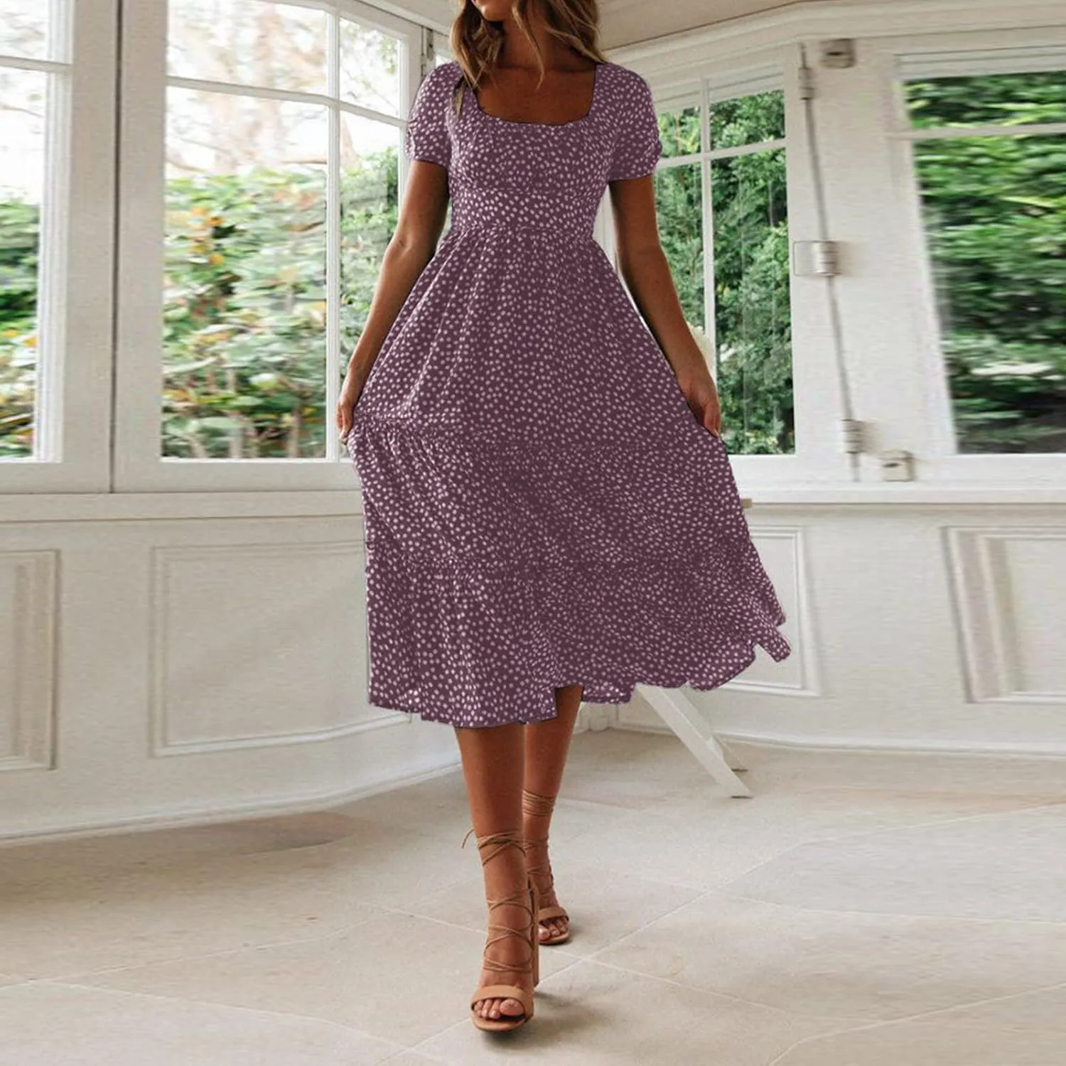 Womens Summer Midi Dress Square Neck Puff Sleeve Boho Dresses Cute Floral Flowy A-line Smocked Tiered Ruffle milkmaid Dress